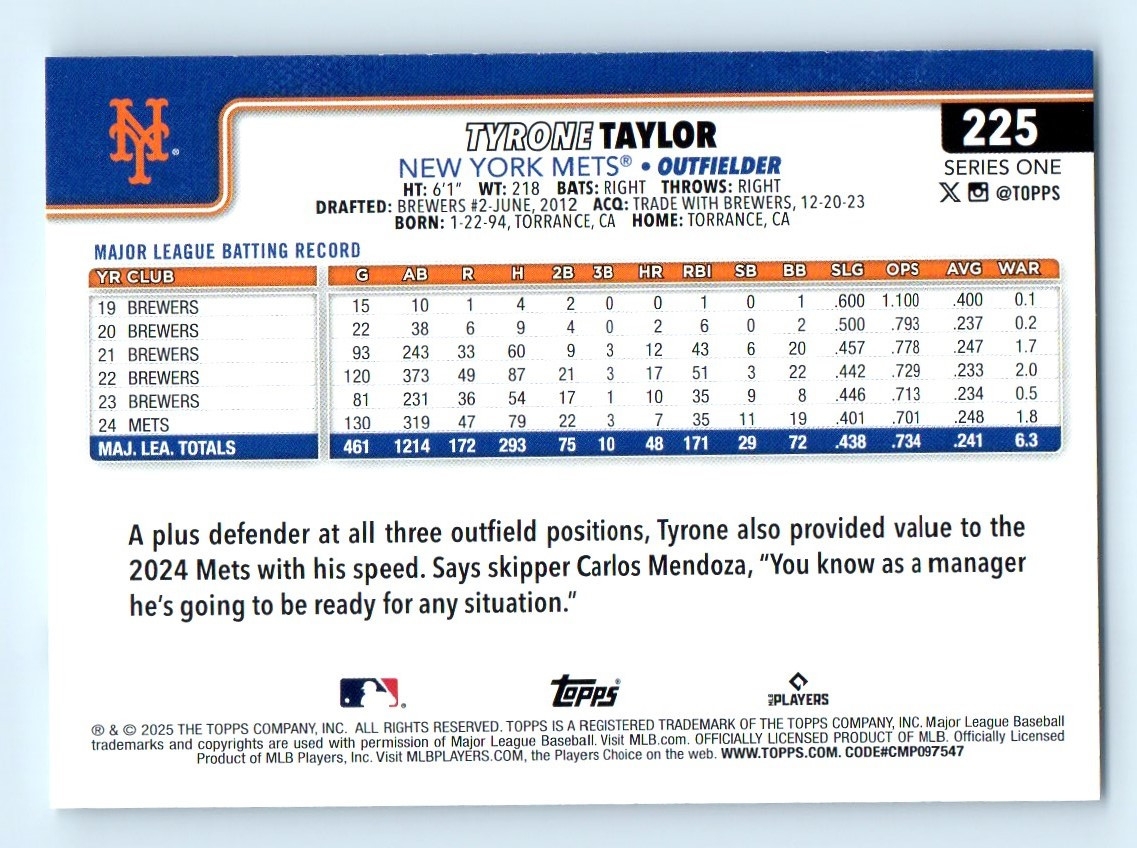 2025 Topps Series 1 Tyrone Taylor New York Mets 225 EBay
