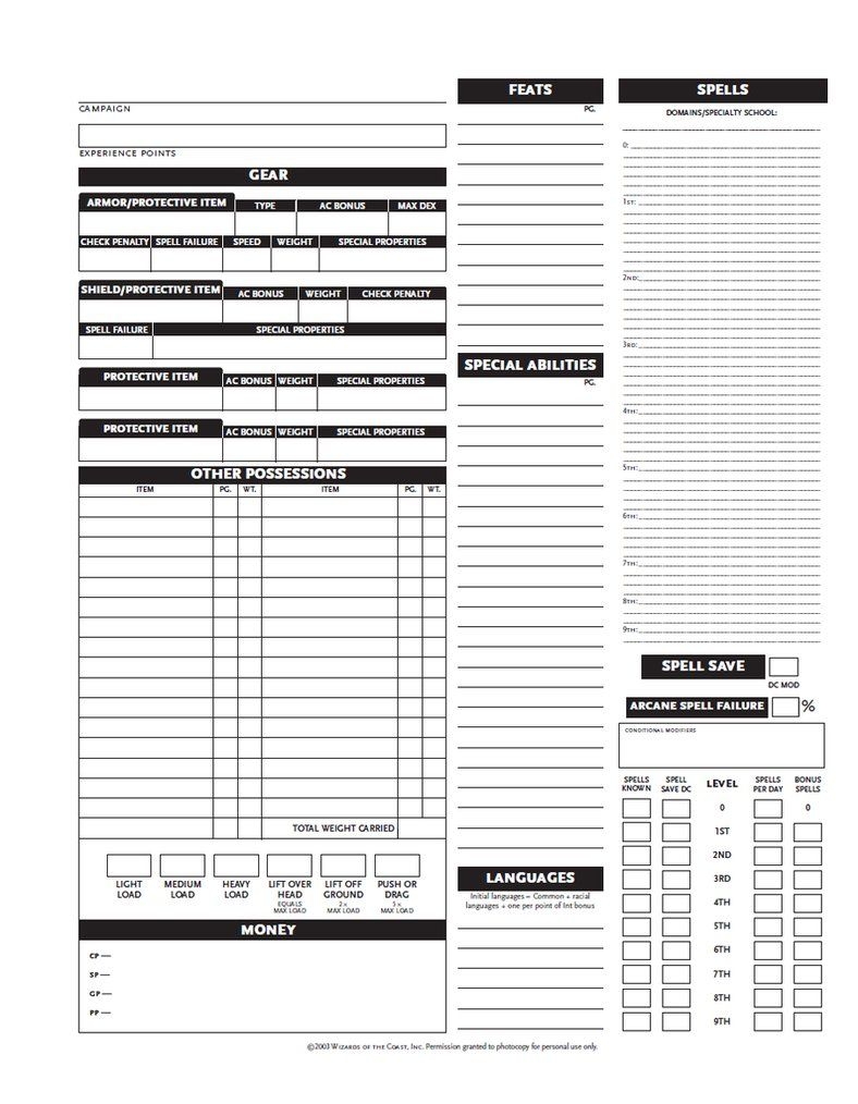 D&D 3.5 Printable Character Sheet