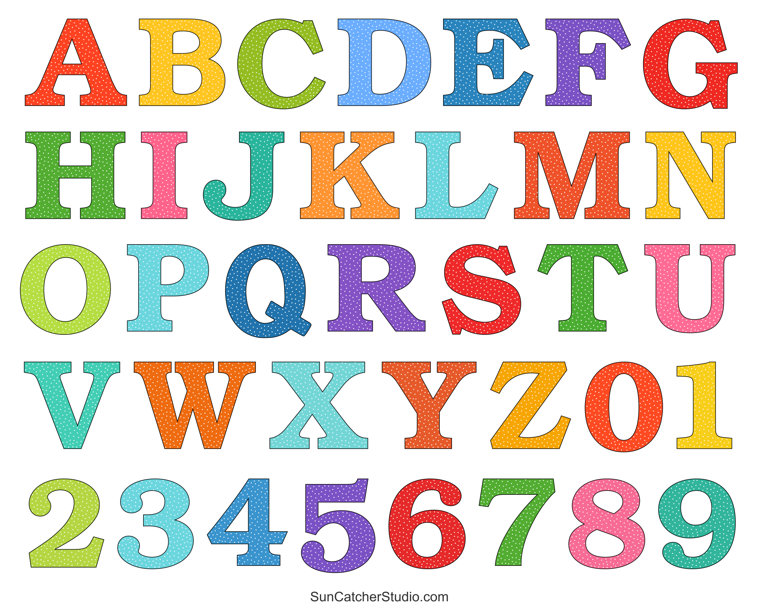Alphabet Letters And Numbers With A Colorful Polka Dot Design Free Printables Monograms Design Tools Patterns DIY Projects