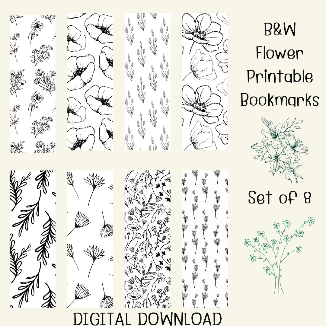 Black White Flower Printable Bookmarks SET OF 8 Black And White Colorable Flower Bookmarks Perfect Gift For Readers Etsy Canada