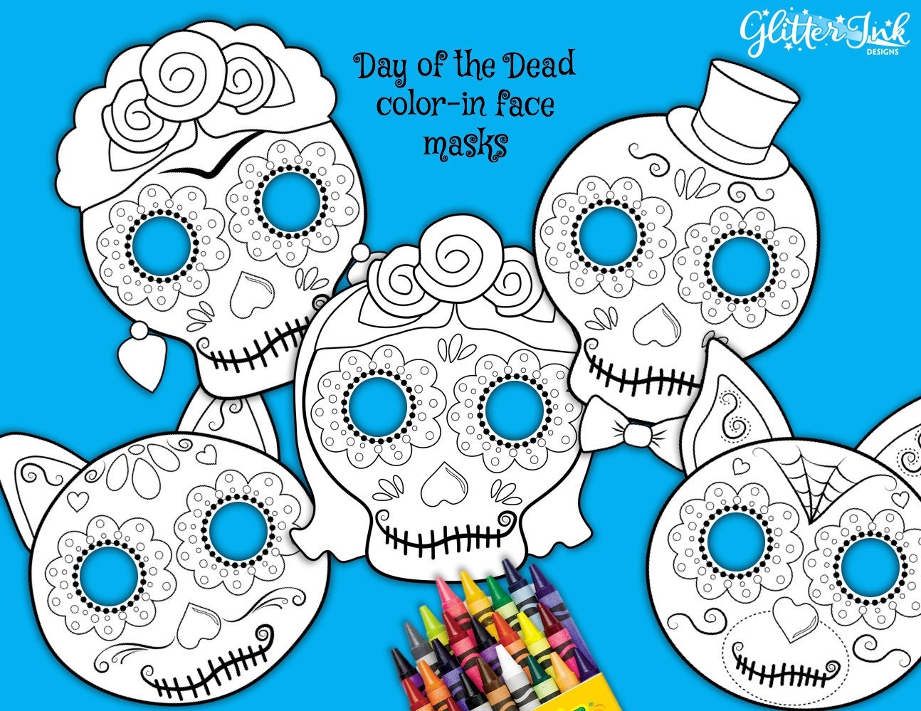 Day Of The Dead Sugar Skull Mask Coloring Pages Printable D a De Los Muertos Photo Booth Props Template With Cat Dog Frida Novios Masks Etsy Canada