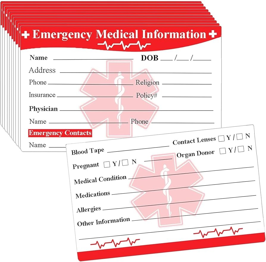 Emergency Contact ID Card Medical Alert Information 25 Pack Business Card For Emergency Medical Information 3 5 X 2 Amazon de Stationery Office Supplies