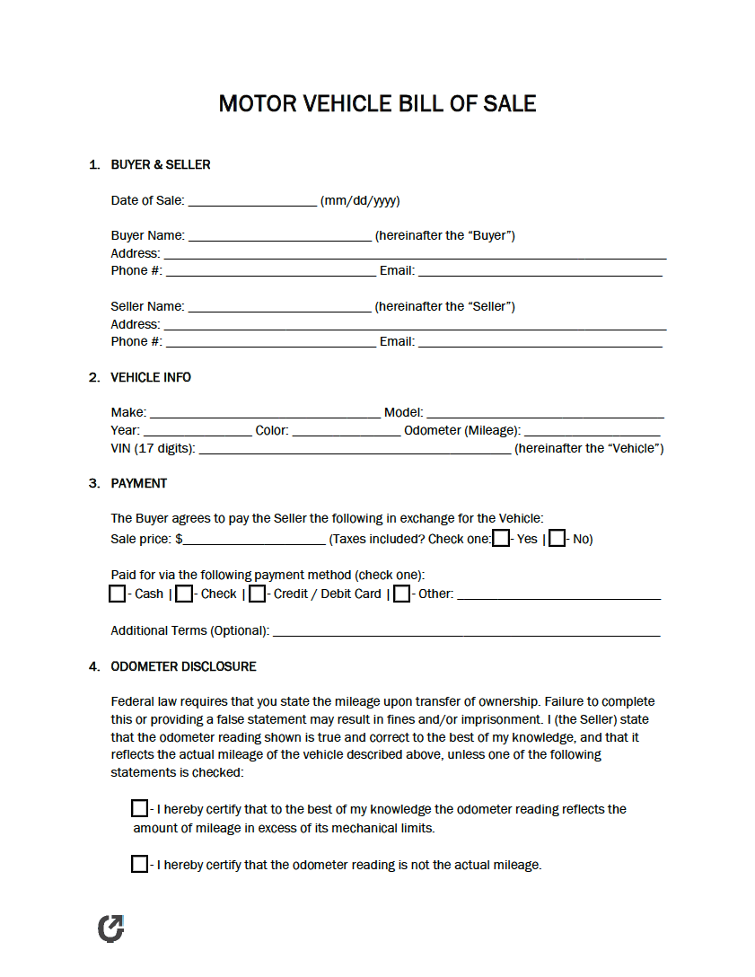 Free Printable Bill Of Sale For Used Car