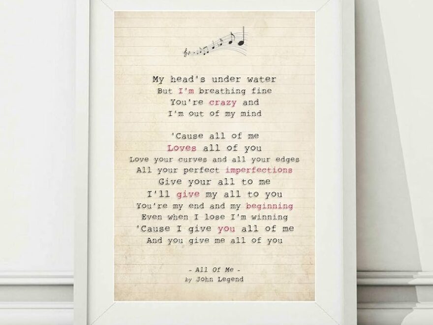 John Legend All Of Me Lyrics Art Print Unframed Available Poster Print Formats A4 29 7 X 21 Cm And A3 42 X 29 7 Cm A3 Amazon de Home Kitchen