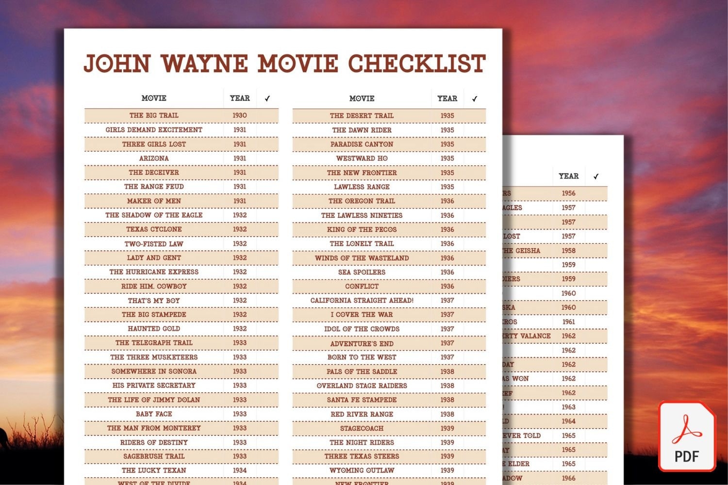 John Wayne Movie Checklist PDF Printable Etsy UK