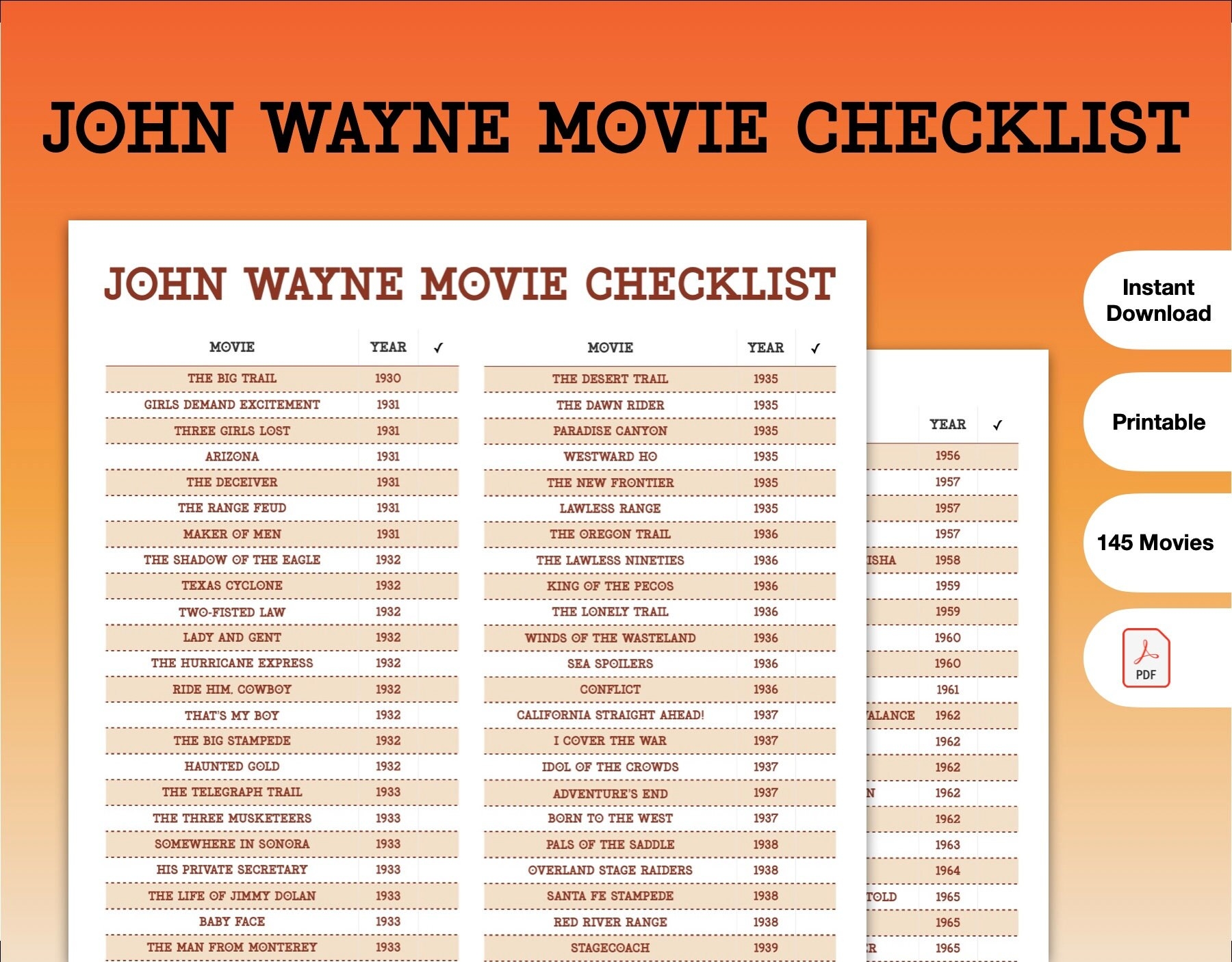John Wayne Movie Checklist PDF Printable Etsy UK