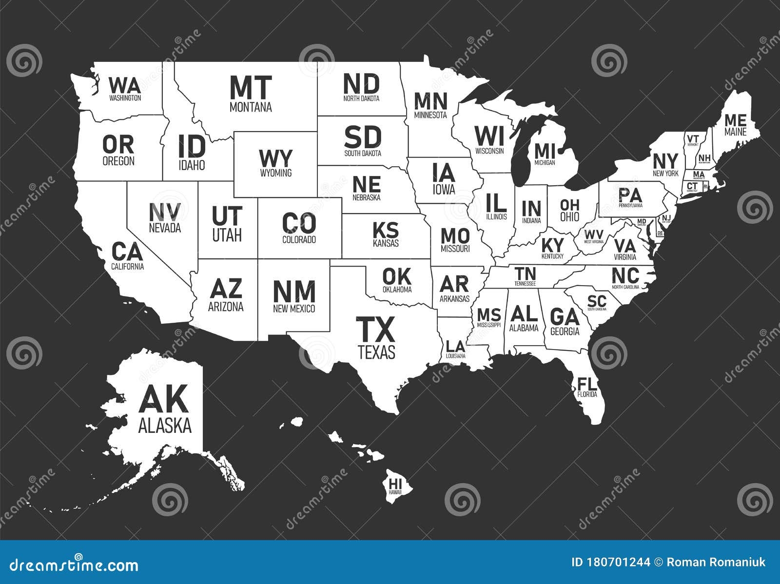 Map Of United States Of America With State Names And Abbreviations Black And White Print Map Of USA Stock Vector Illustration Of Flat Concept 180701244