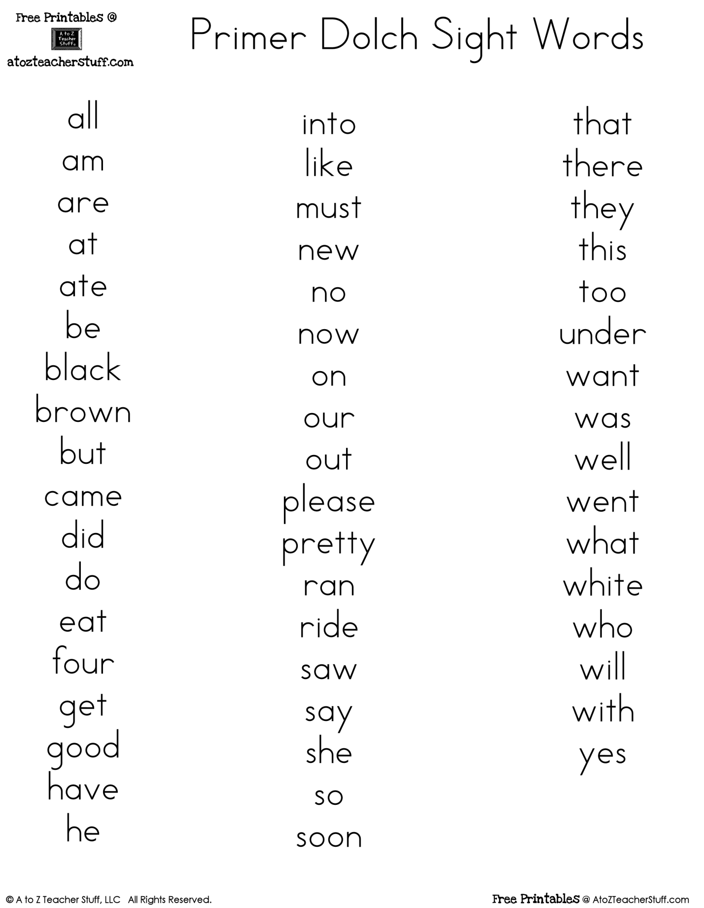 Printable Dolch Word Lists A To Z Teacher Stuff Printable Pages And Worksheets