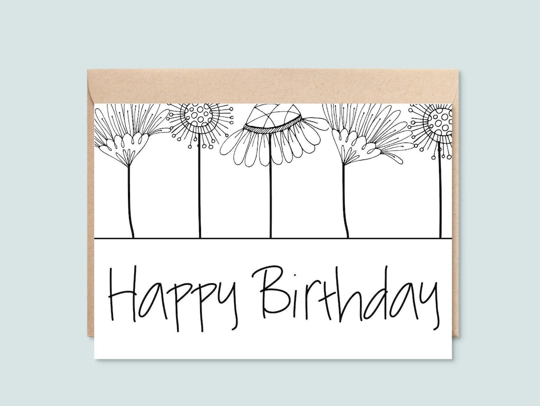 Printable Happy Birthday Card Black And White Floral Line Art Instant Download 5X7 Greeting Card Etsy