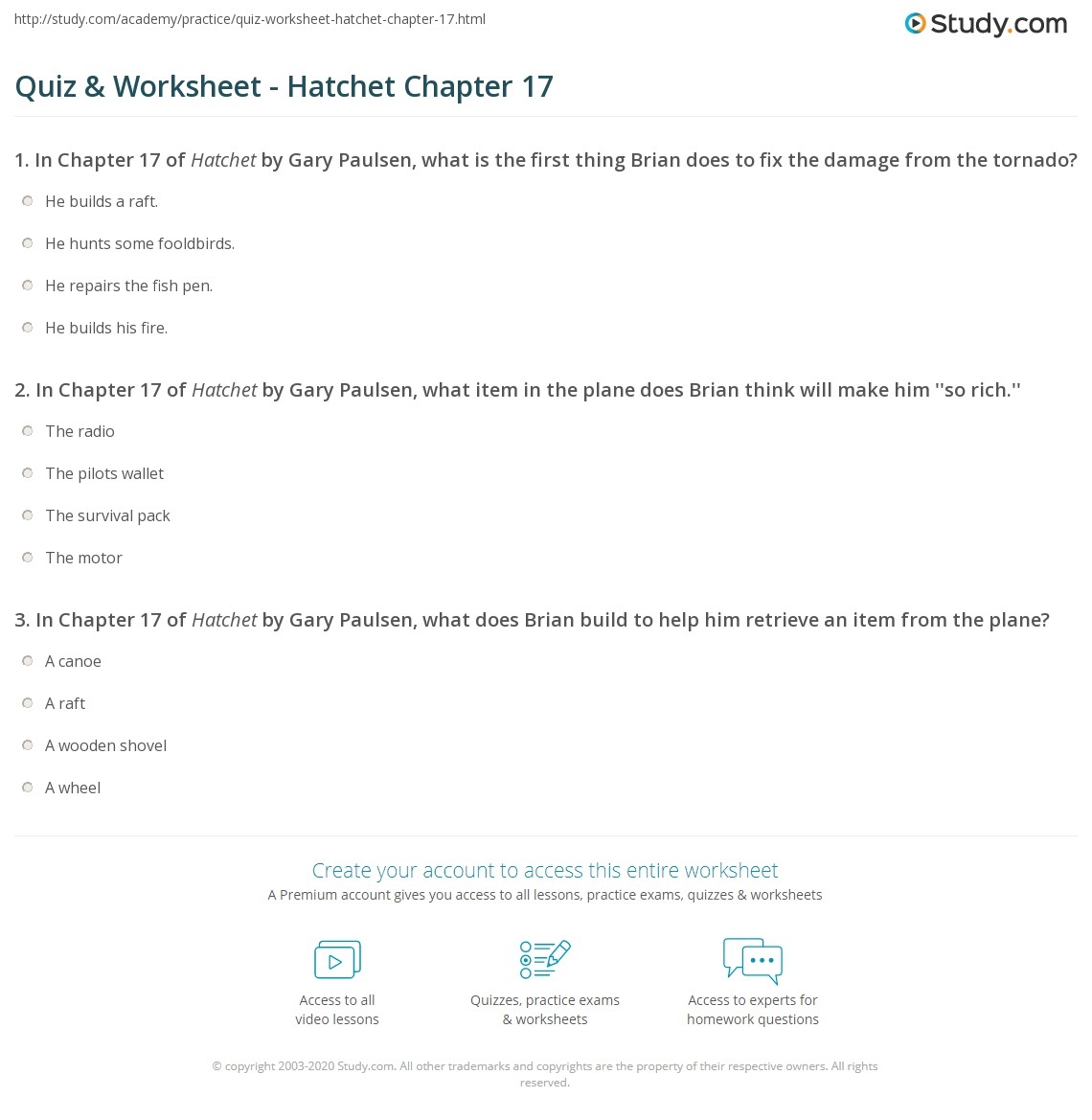 Quiz Worksheet Hatchet Chapter 17 Study