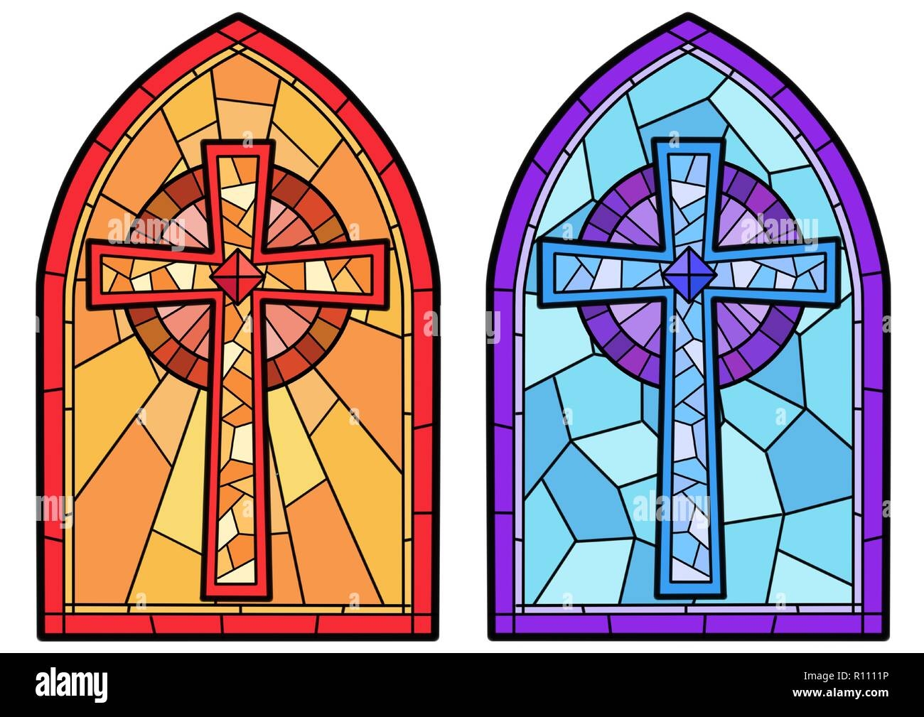 Stained Glass In A Catholic Church Religious Meanings And Scenes Of The Christians Traditions Vector Illustration 012 Stock Vector Image Art Alamy