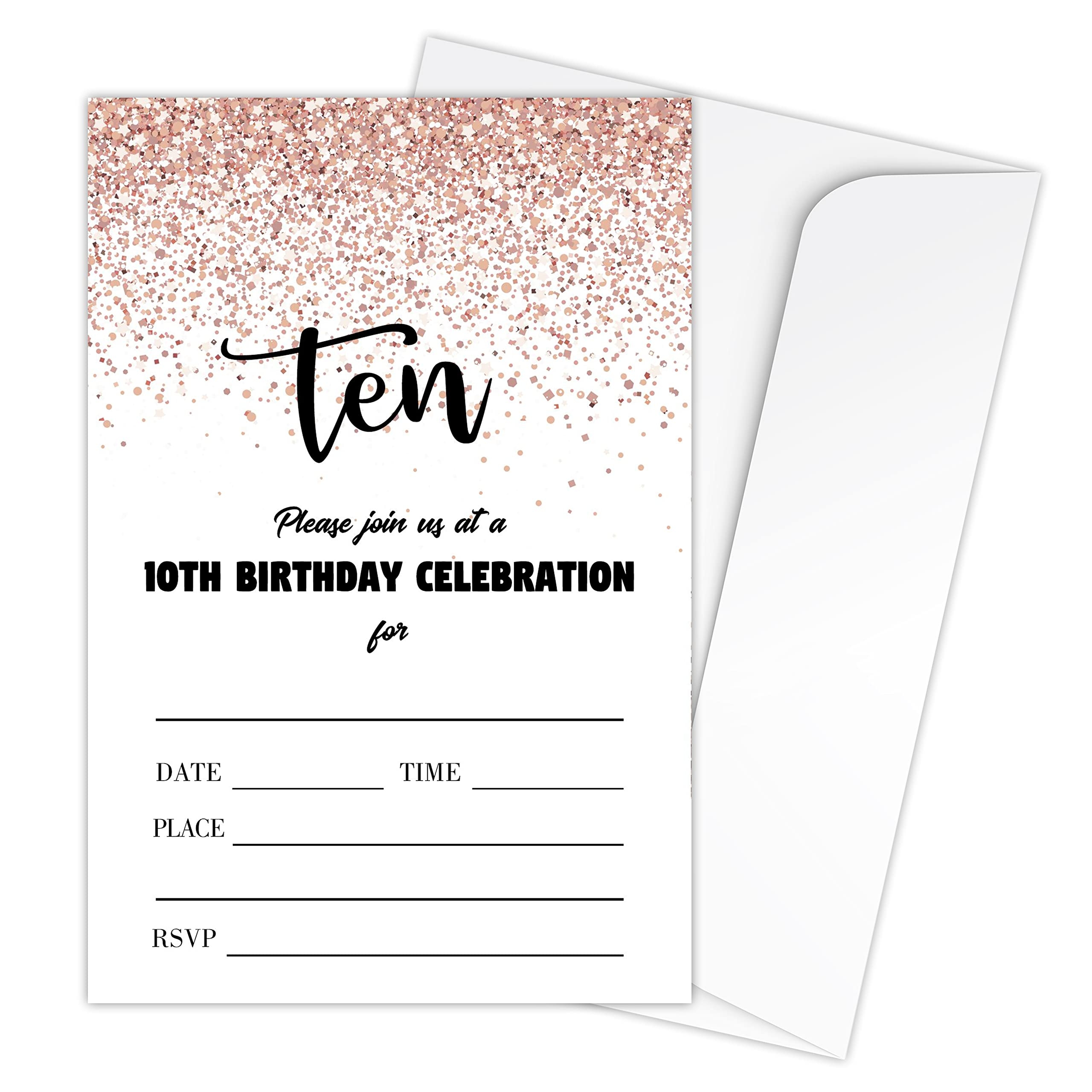 Zodvery 10th Birthday Party Invitations Cards 10 Years Old Pink Glitter Gold Theme Party Supplies For