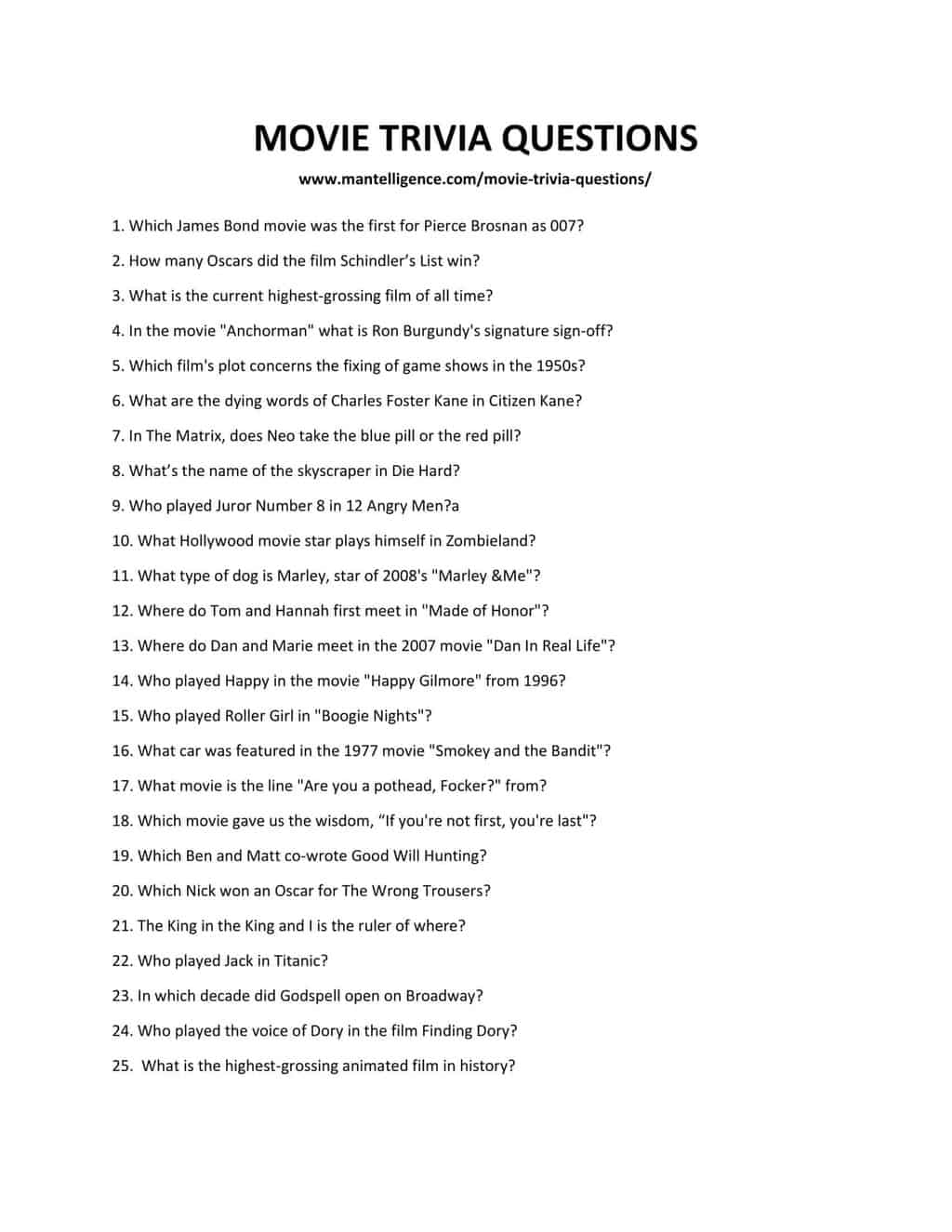 157 Movie Trivia Questions Answers Easy To Hard Worksheets Library
