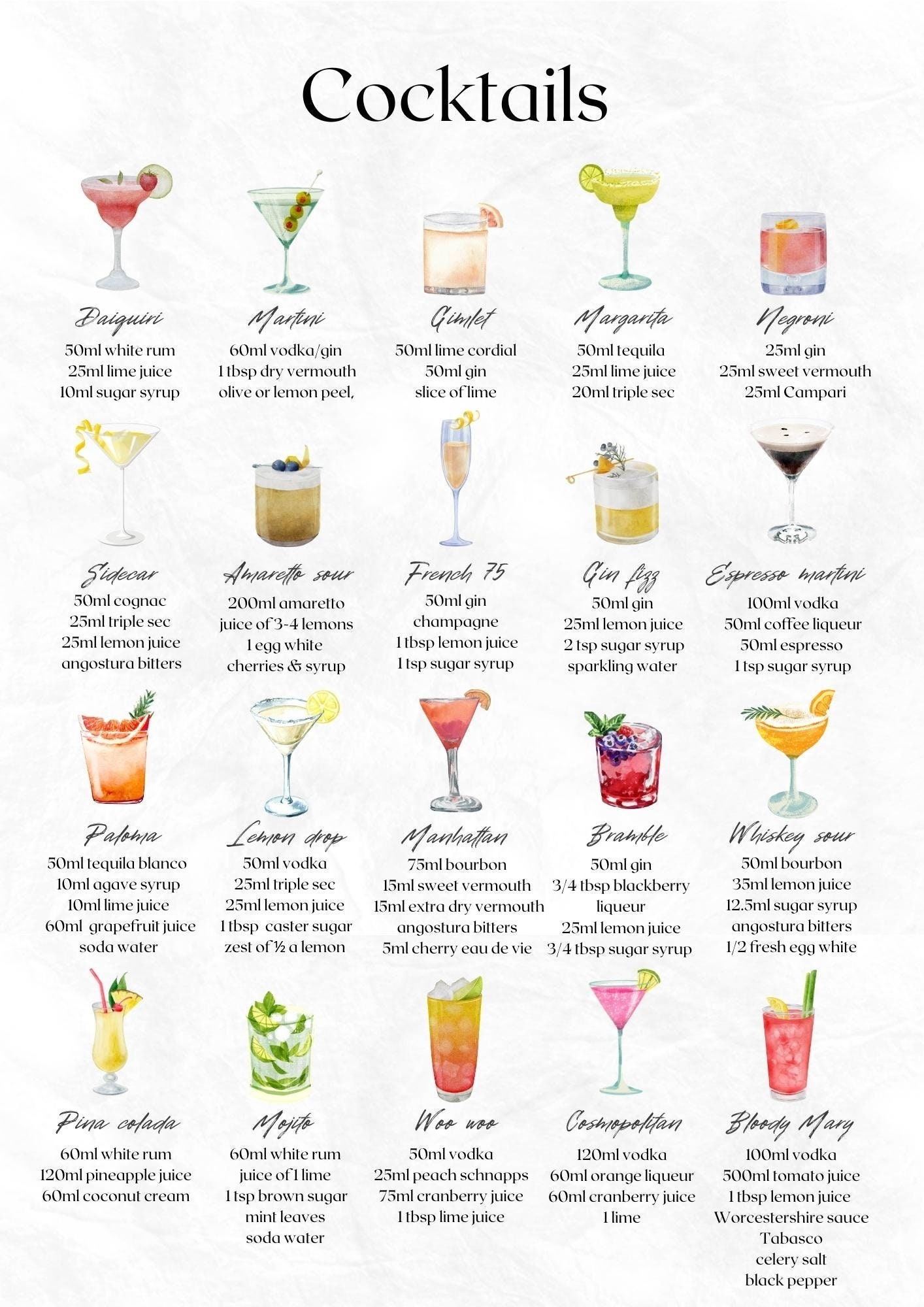 20 Cocktails Print For Digital Download Art Print Cocktail Poster Gift Kitchen Decor Recipe Poster Cocktail Menu Etsy UK