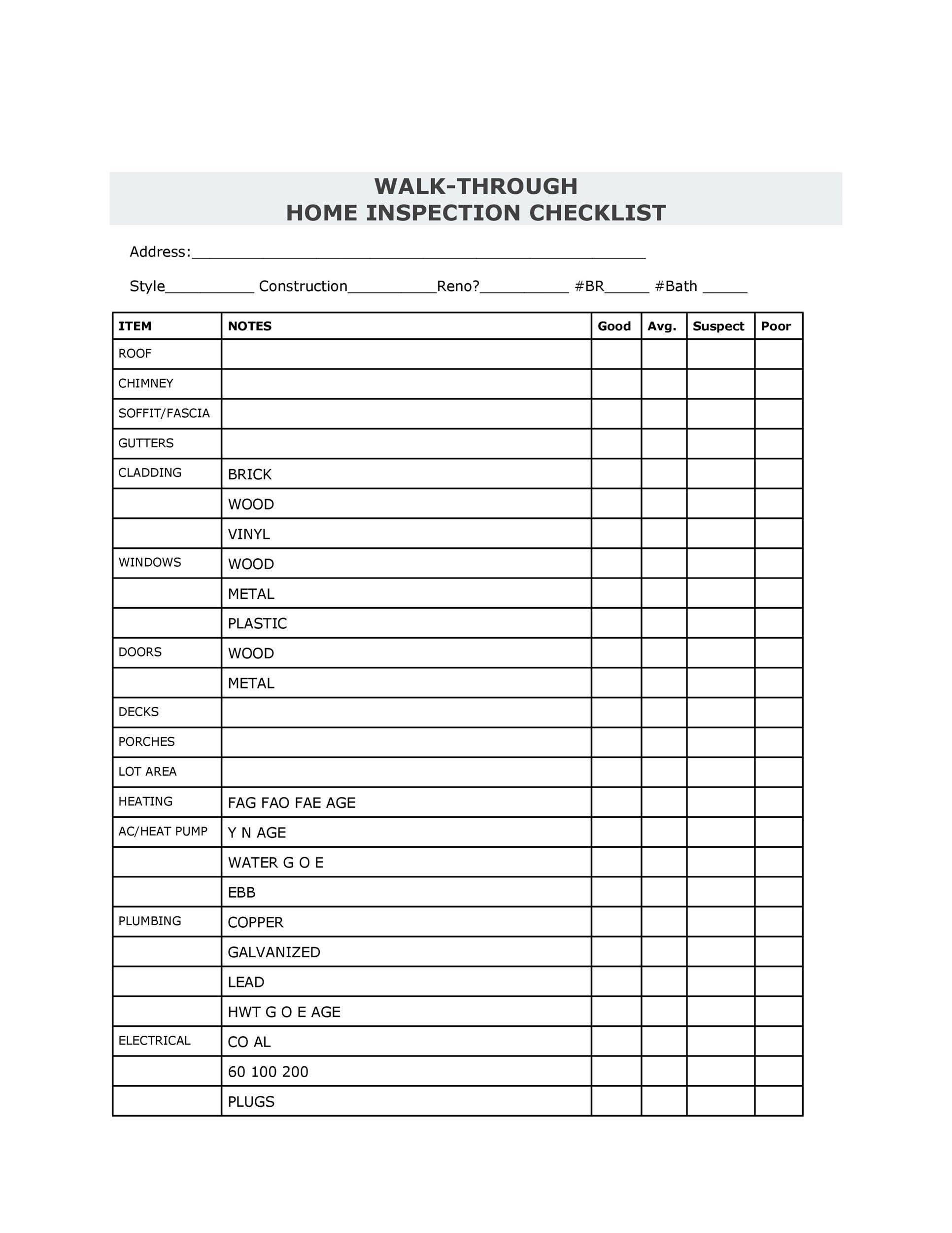 20 Printable Home Inspection Checklists Word PDF 