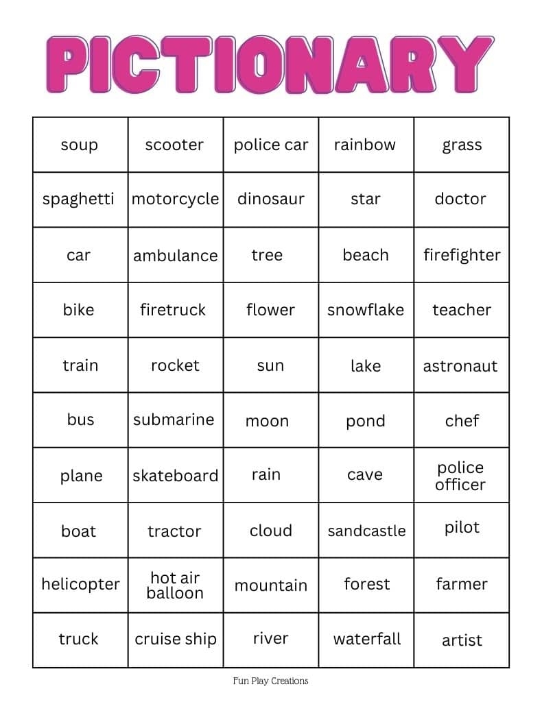 200 Pictionary Words For Kids Free Printable 