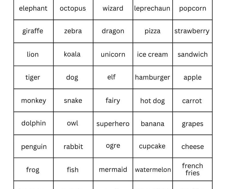 200 Pictionary Words For Kids Free Printable