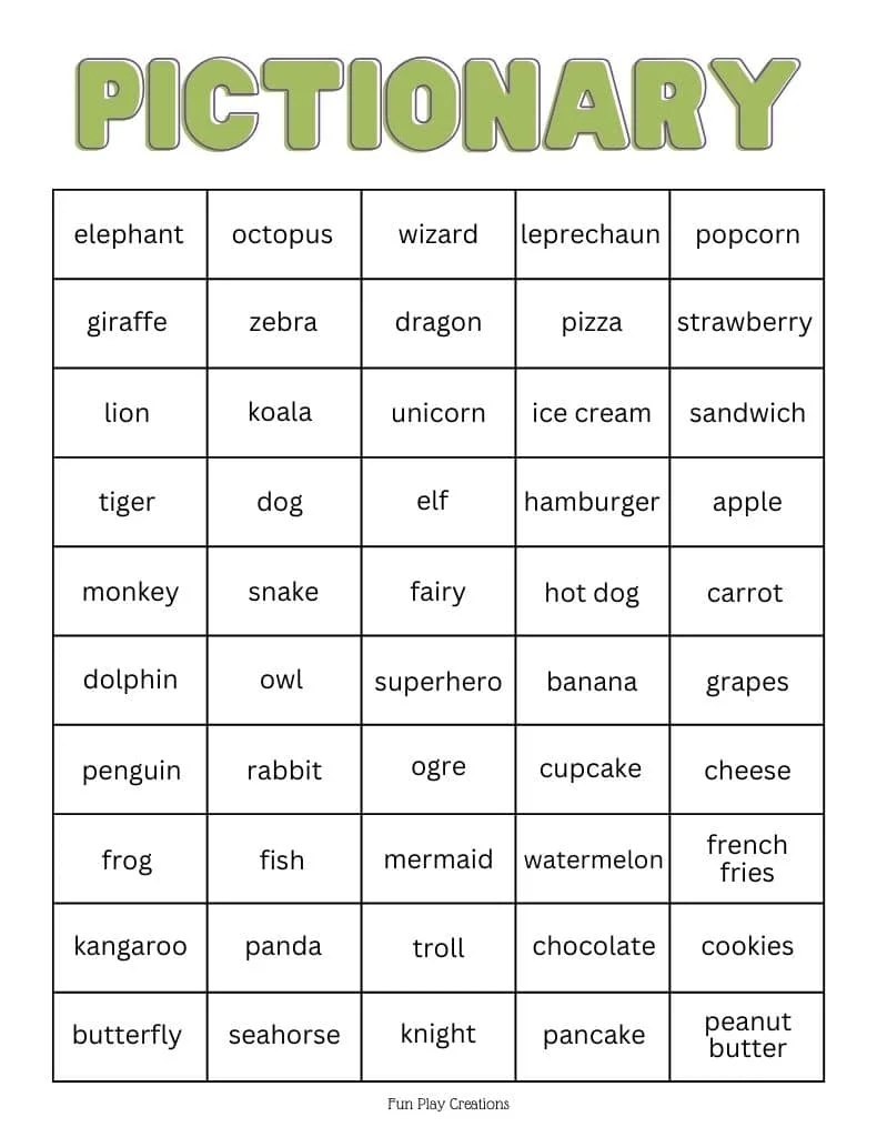 200 Pictionary Words For Kids Free Printable 