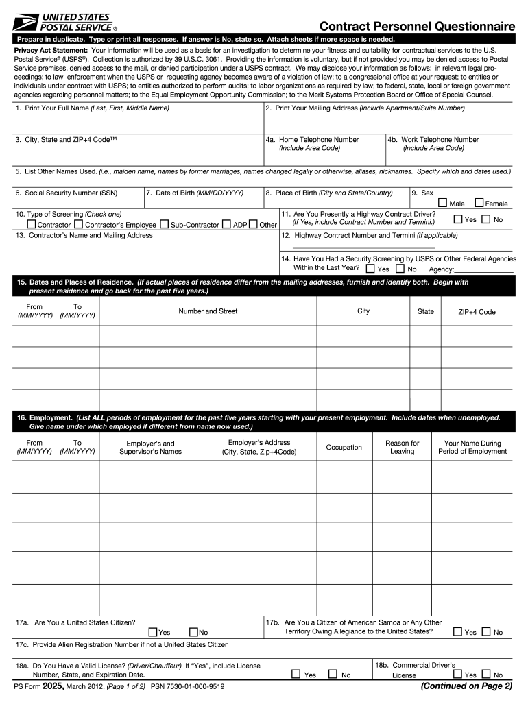 2012 2025 Form USPS PS 2025 Fill Online Printable Fillable Blank PdfFiller