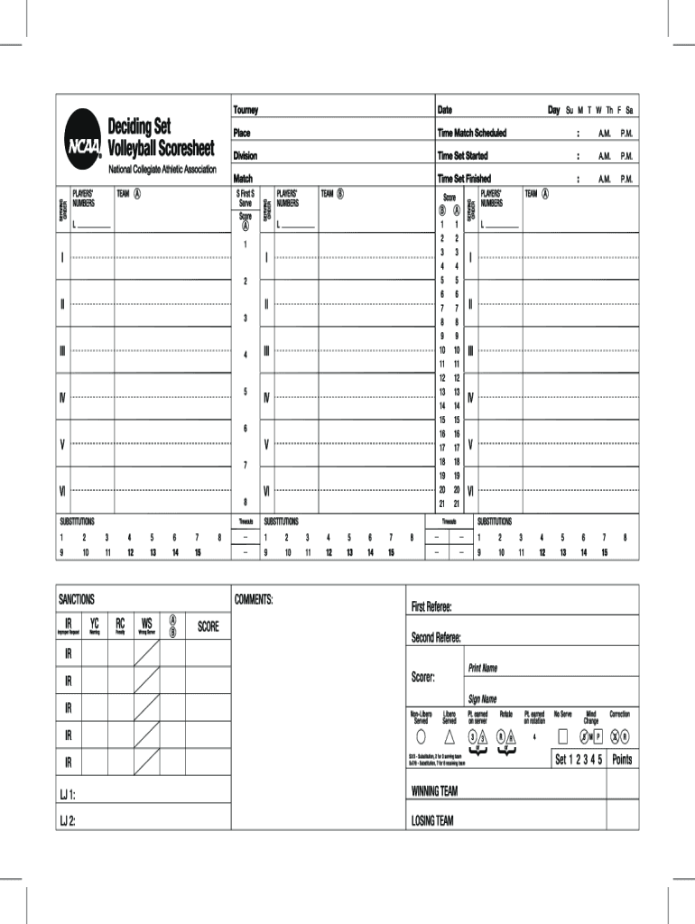 2016 2025 Form NCAA Deciding Set Volleyball Scoresheet Fill Online Printable Fillable Blank PdfFiller