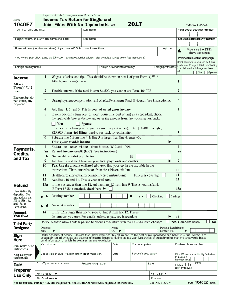 2017 2025 Form IRS 1040 EZ Fill Online Printable Fillable Blank PdfFiller