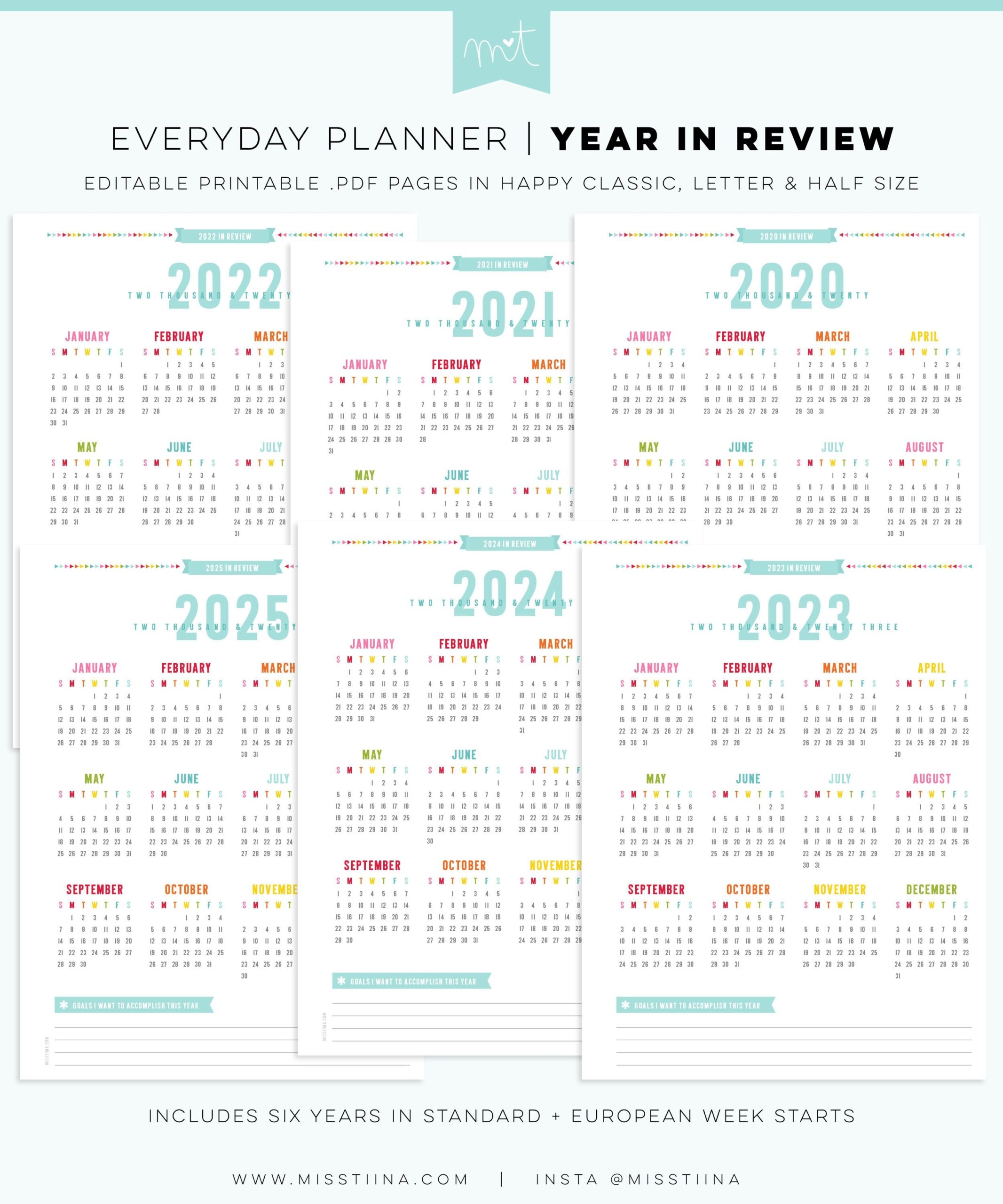 2020 2025 Year In Review Calendars EDITABLE Everyday Planner Pages Happy Classic Letter Half Size Free Font PDF Printables Inserts Etsy