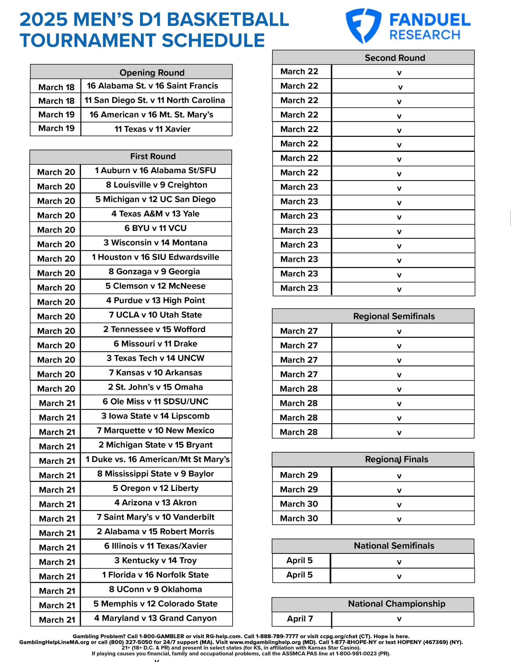 2025 Men s College Basketball Tournament Free Printable Schedule FanDuel Research