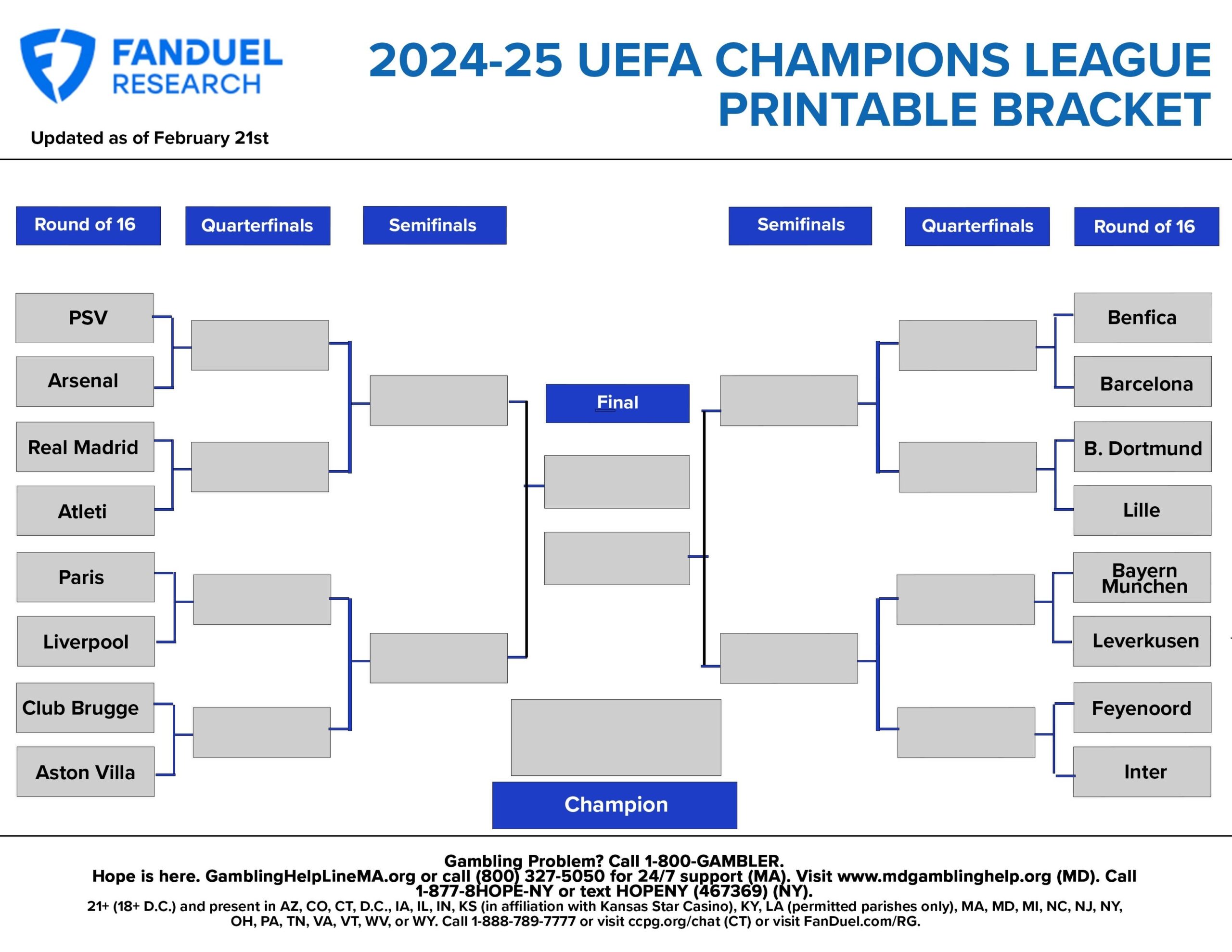 2025 UEFA Champions League Printable Bracket Teams Schedule And Betting Odds FanDuel Research