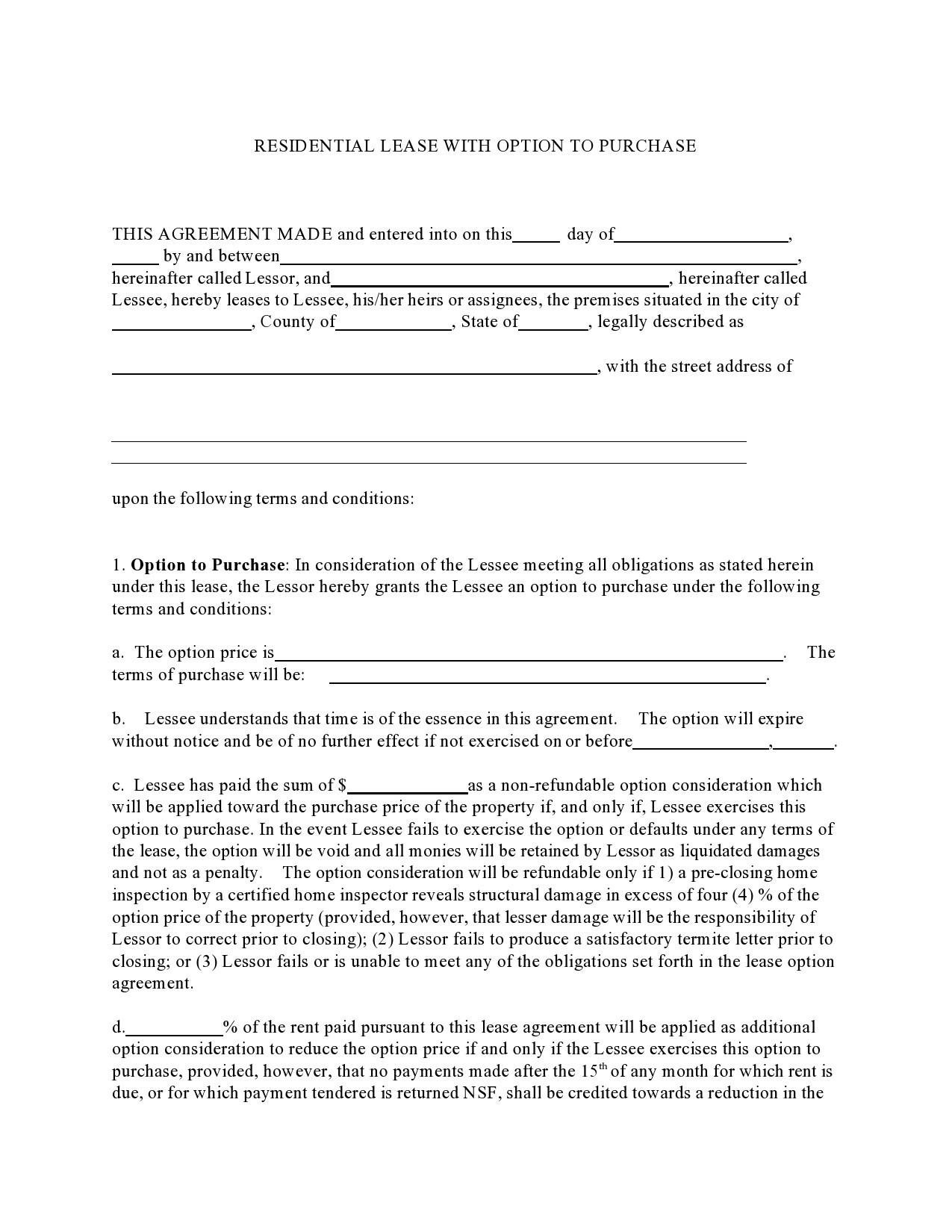 Printable Rent To Own Contract Forms For Houses