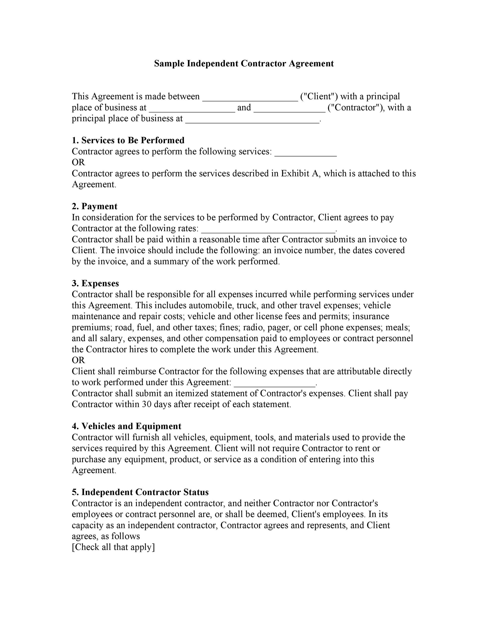 Free Printable Independent Contractor Agreement