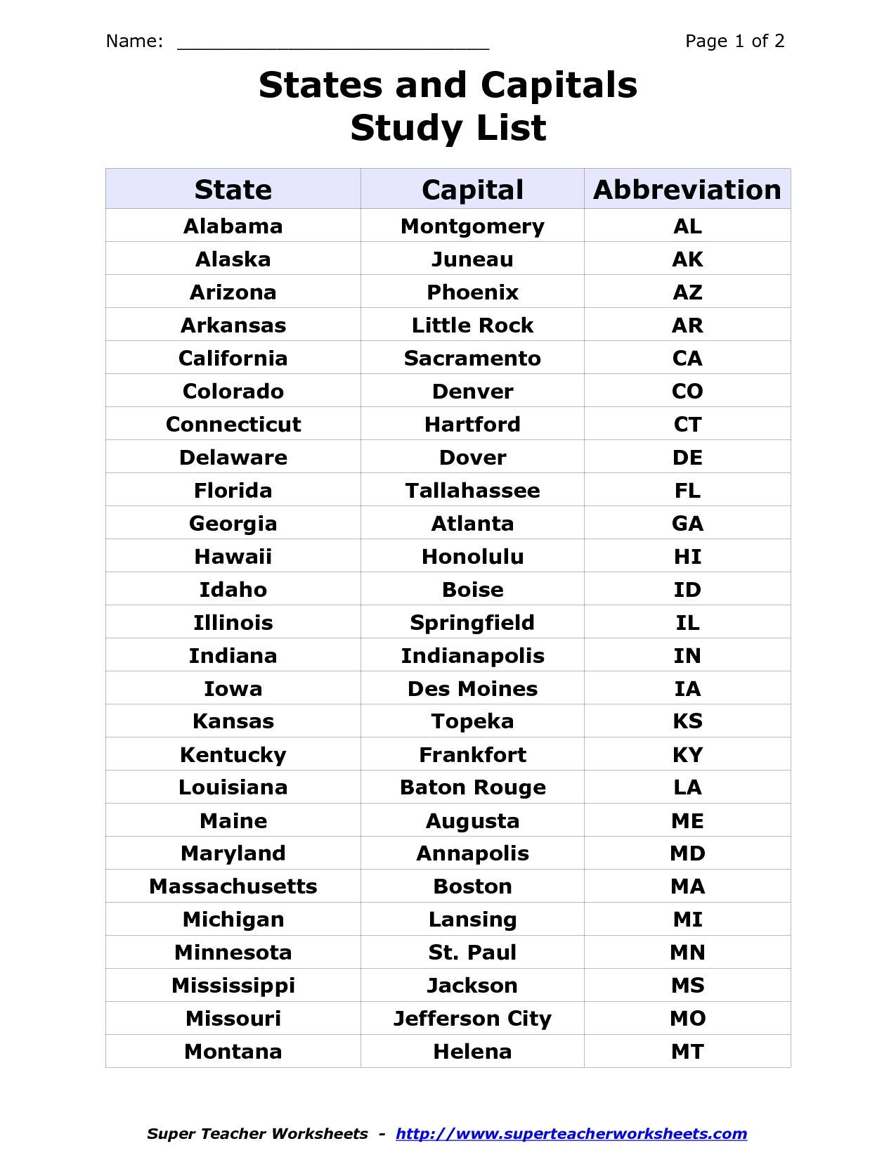 50 States And Capitals