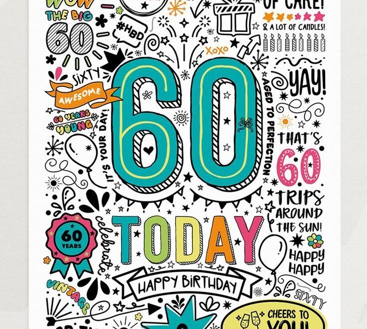60th Printable Birthday Card 60 Today Birthday Downloadable Card Doodle Style Birthday Card