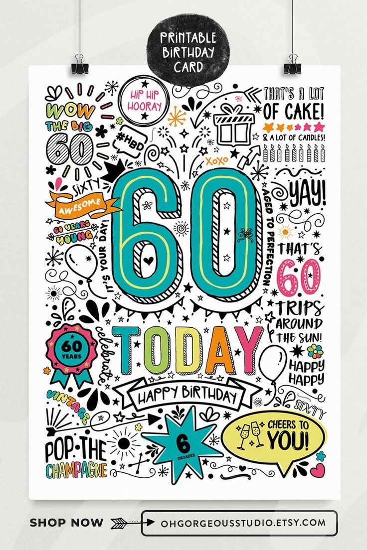 60th Printable Birthday Card 60 Today Birthday Downloadable Card Doodle Style Birthday Card 