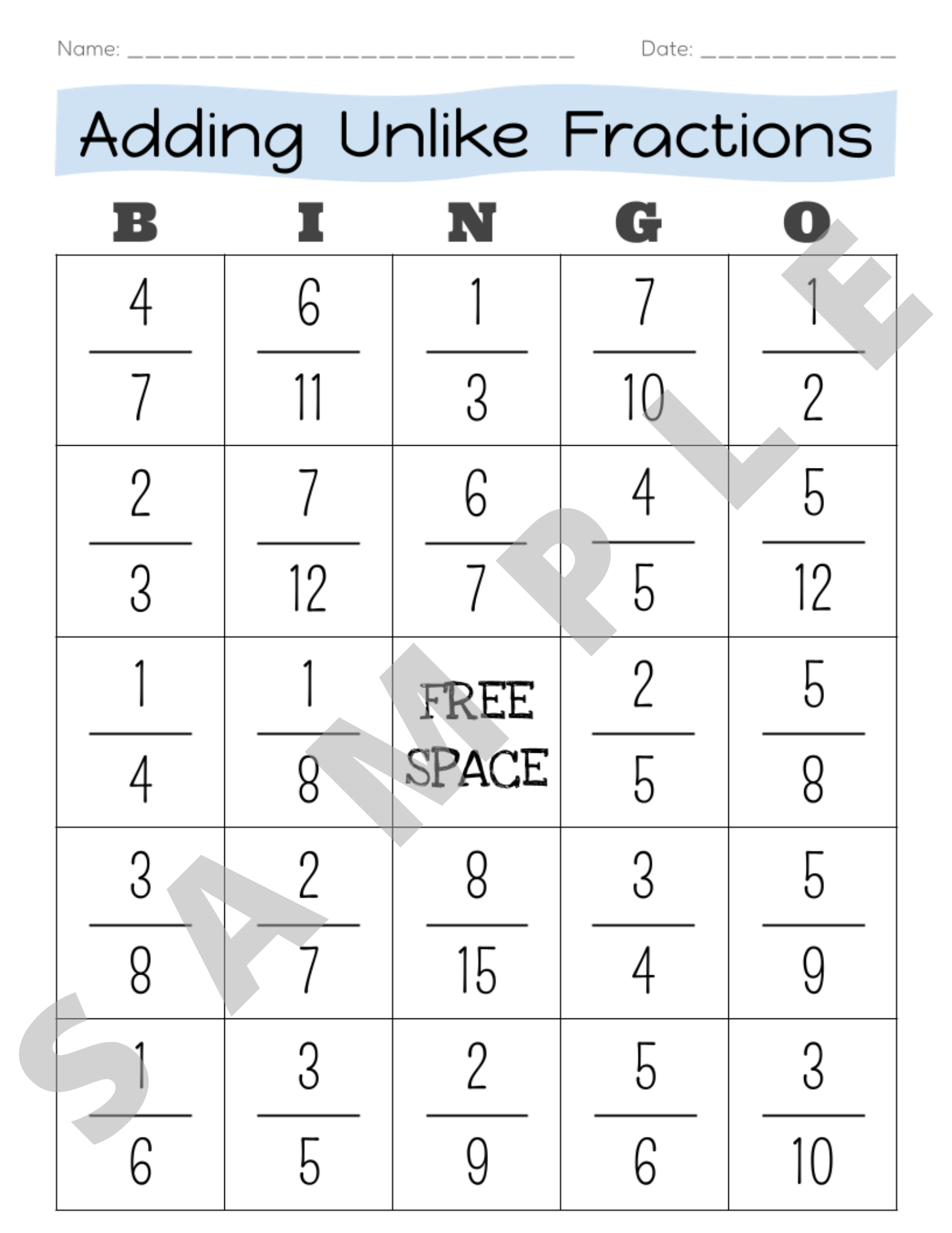 Adding Fractions With Unlike Different Denominators and Reducing BINGO GAME K 5 Teachers And Students Math Classroom Classful