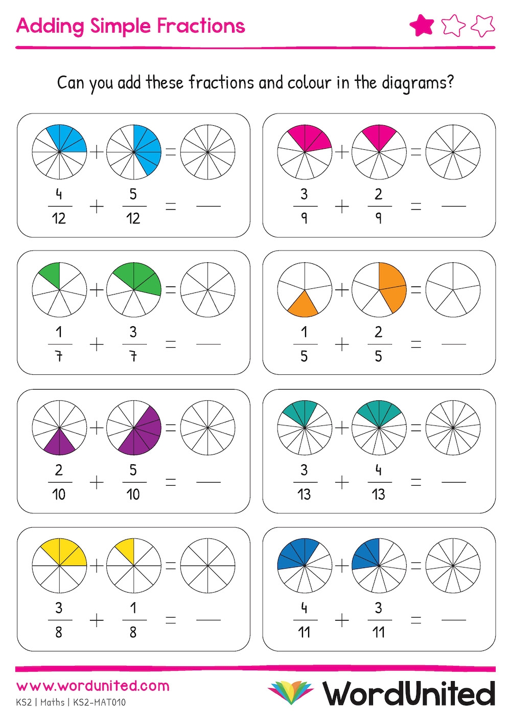 Adding Simple Fractions Colour Write WordUnited
