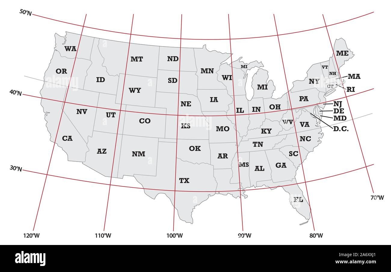 Administrative Map United States With Latitude And Longitude Stock Vector Image Art Alamy