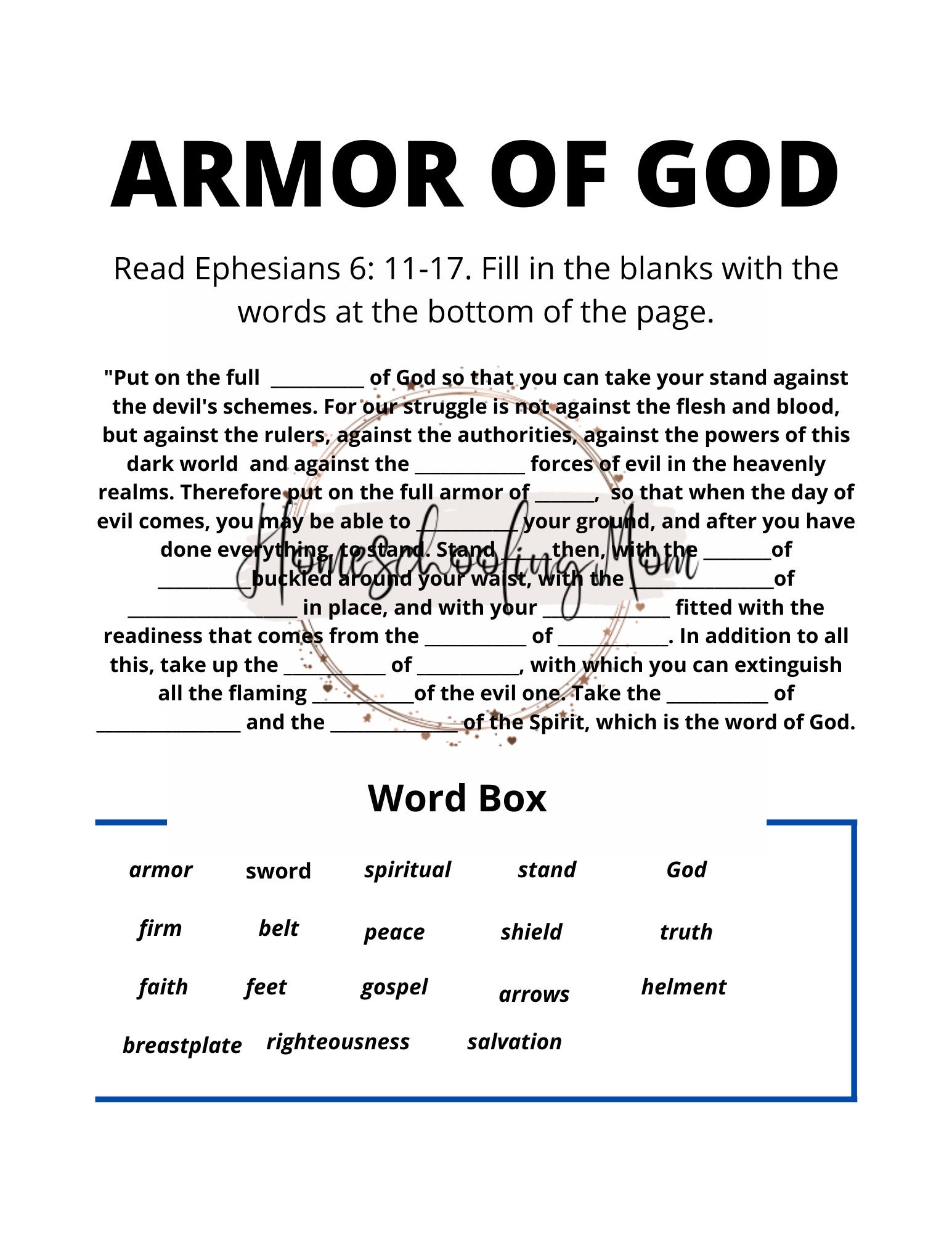 Armor Of God Worksheet With Answer Key Etsy Denmark