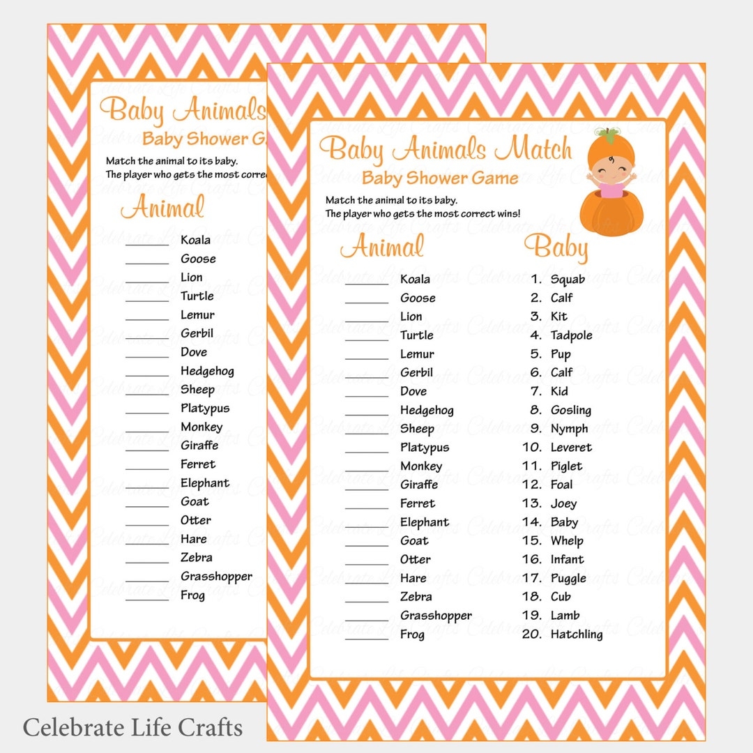 Baby Animals Match Game With Answer Key Printable Baby Shower Game Baby Girl Little Pumpkin Baby Shower Theme Pink Orange B21003 Etsy Hong Kong