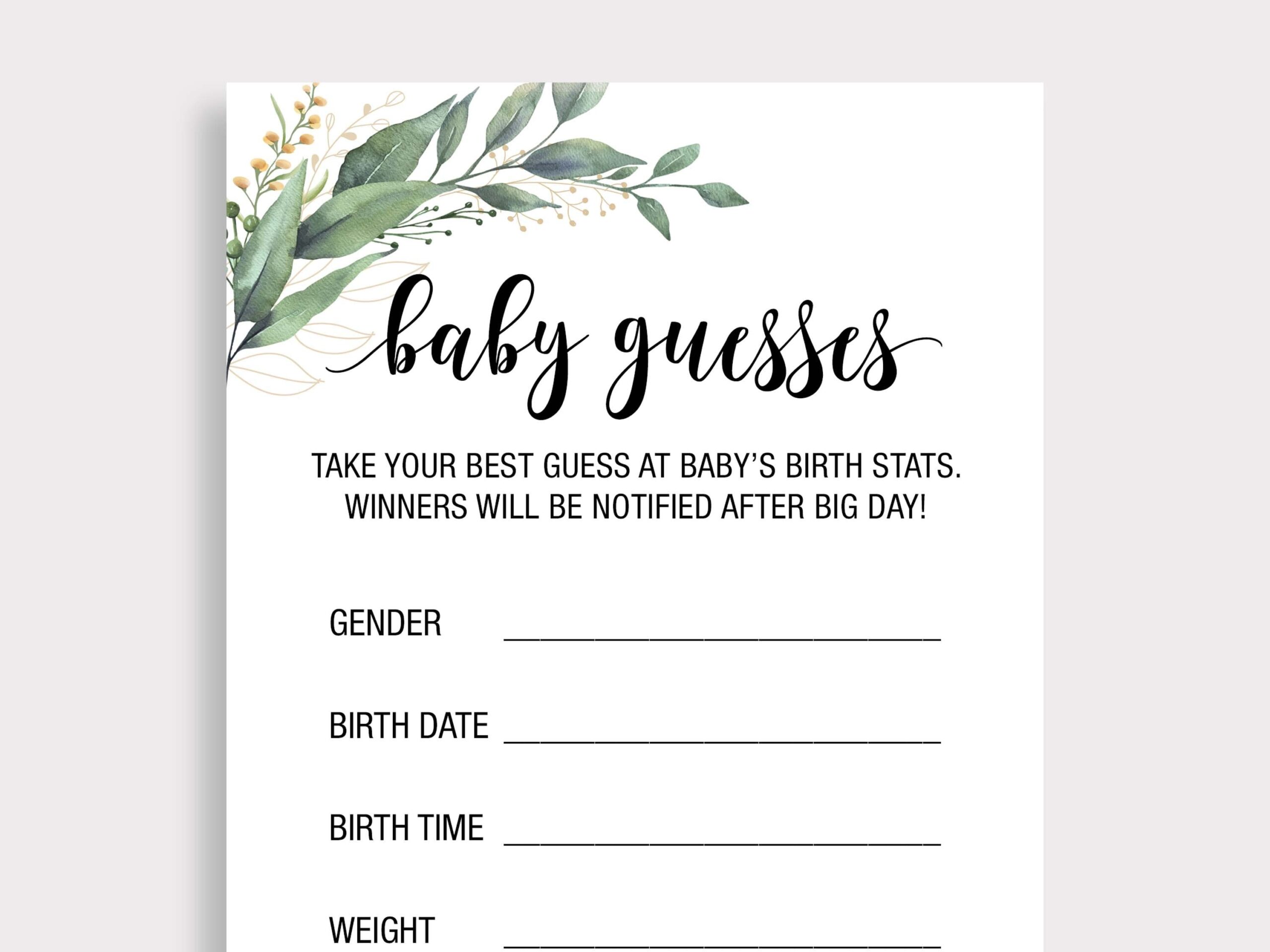 Baby Guesses Card Printable Baby Guesses Game Greenery Baby Shower Game Prediction For Baby Instant Download Guessing Shower Game C16 Etsy