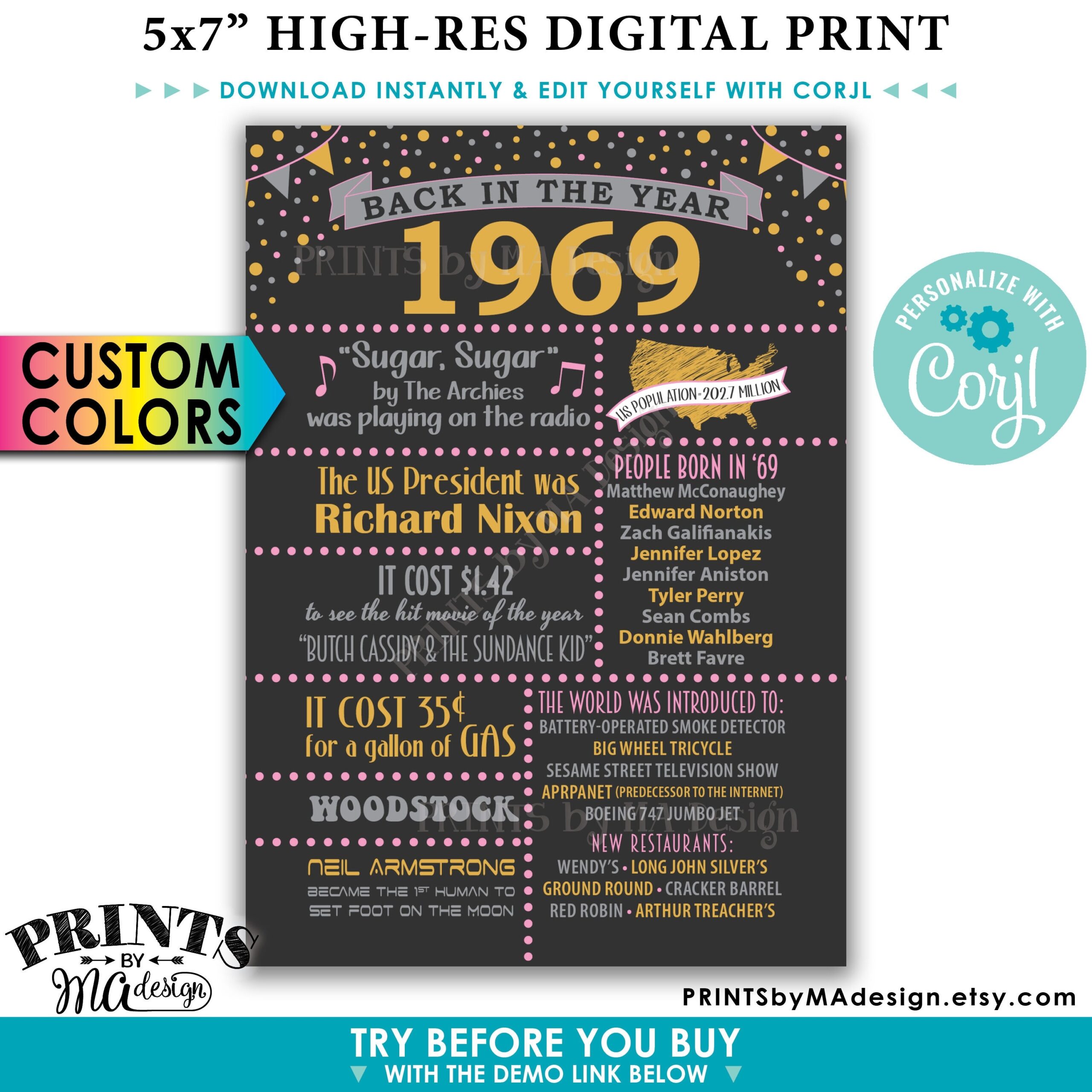 Back In 1969 Flashback Card Or Sign Remember 1969 Birthday Anniversary Reunion PRINTABLE 5x7 Sign
