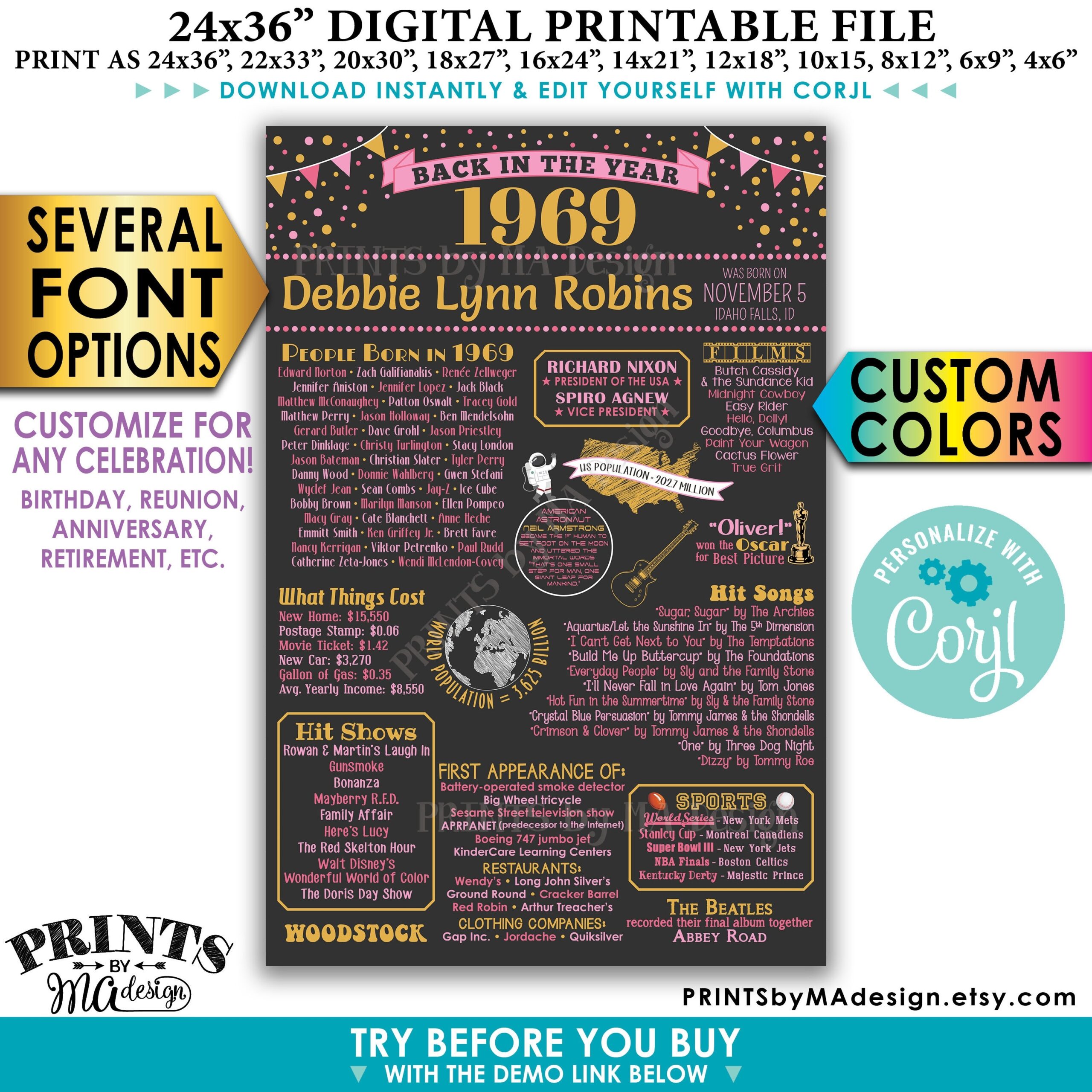 Back In 1969 Poster Any Celebration Birthday Anniversary Reunion Custom PRINTABLE 24x36 1969 Flashback Sign