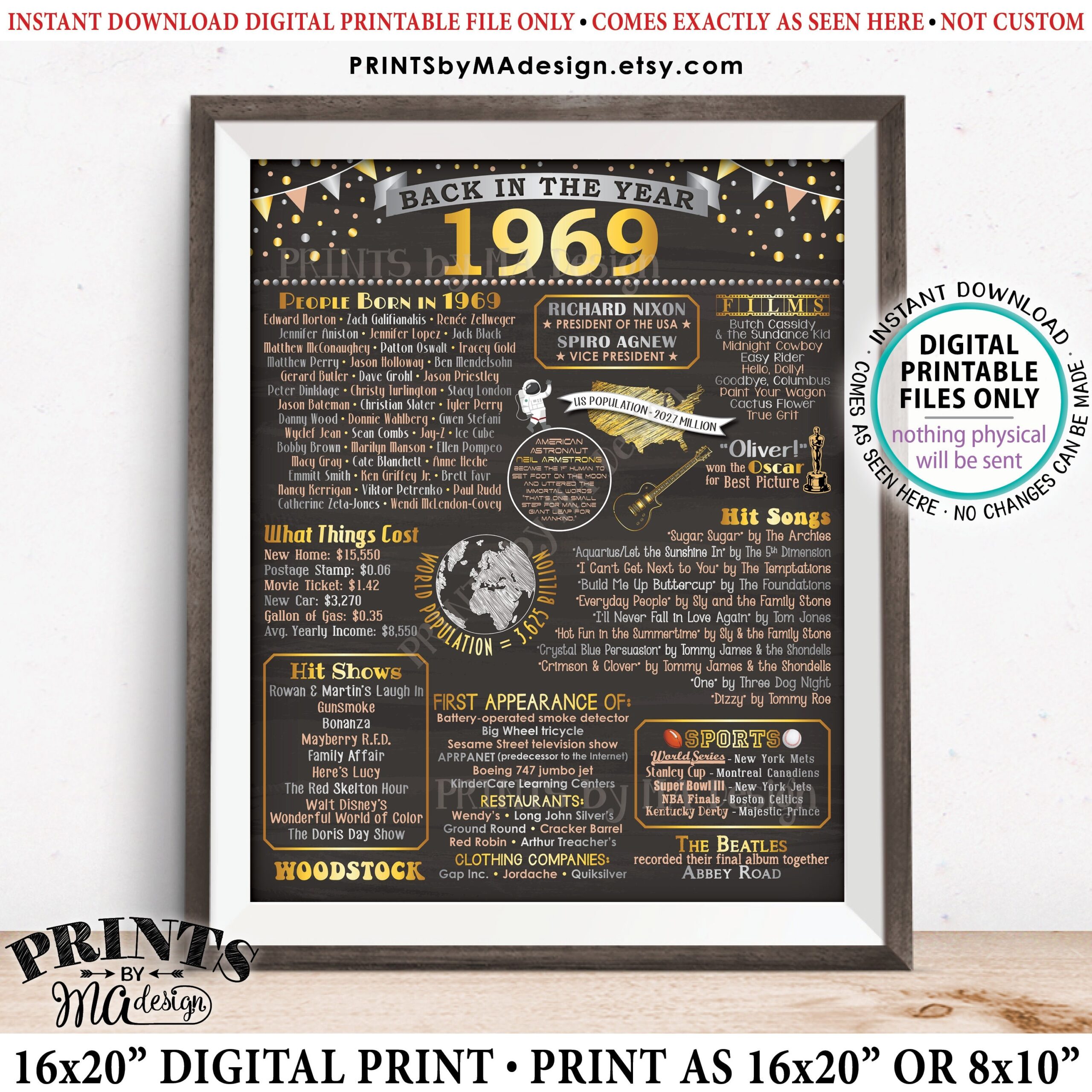Back In 1969 Poster Flashback To 1969 USA History Remember 1969 Birthday Anniversary Reunion PRINTABLE 16x20 Sign