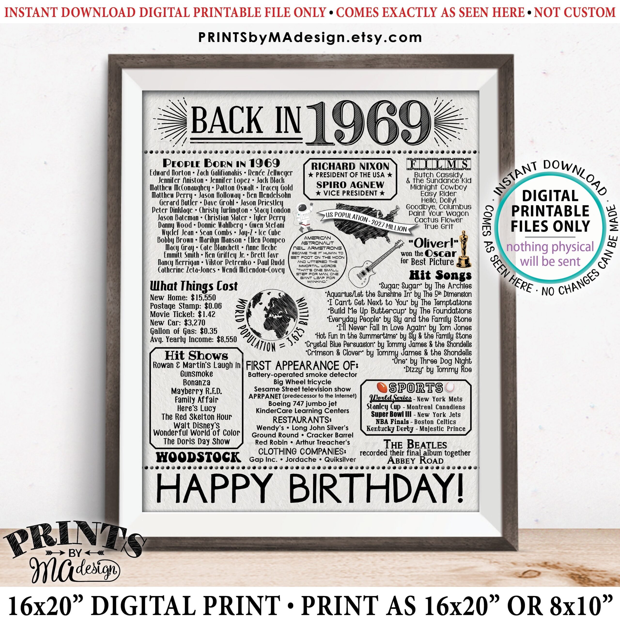 Back In 1969 Sign 69 Birthday Board Born In 1969 Poster Flashback Years Ago B day Gift PRINTABLE 16x20 Black Gray B day Sign
