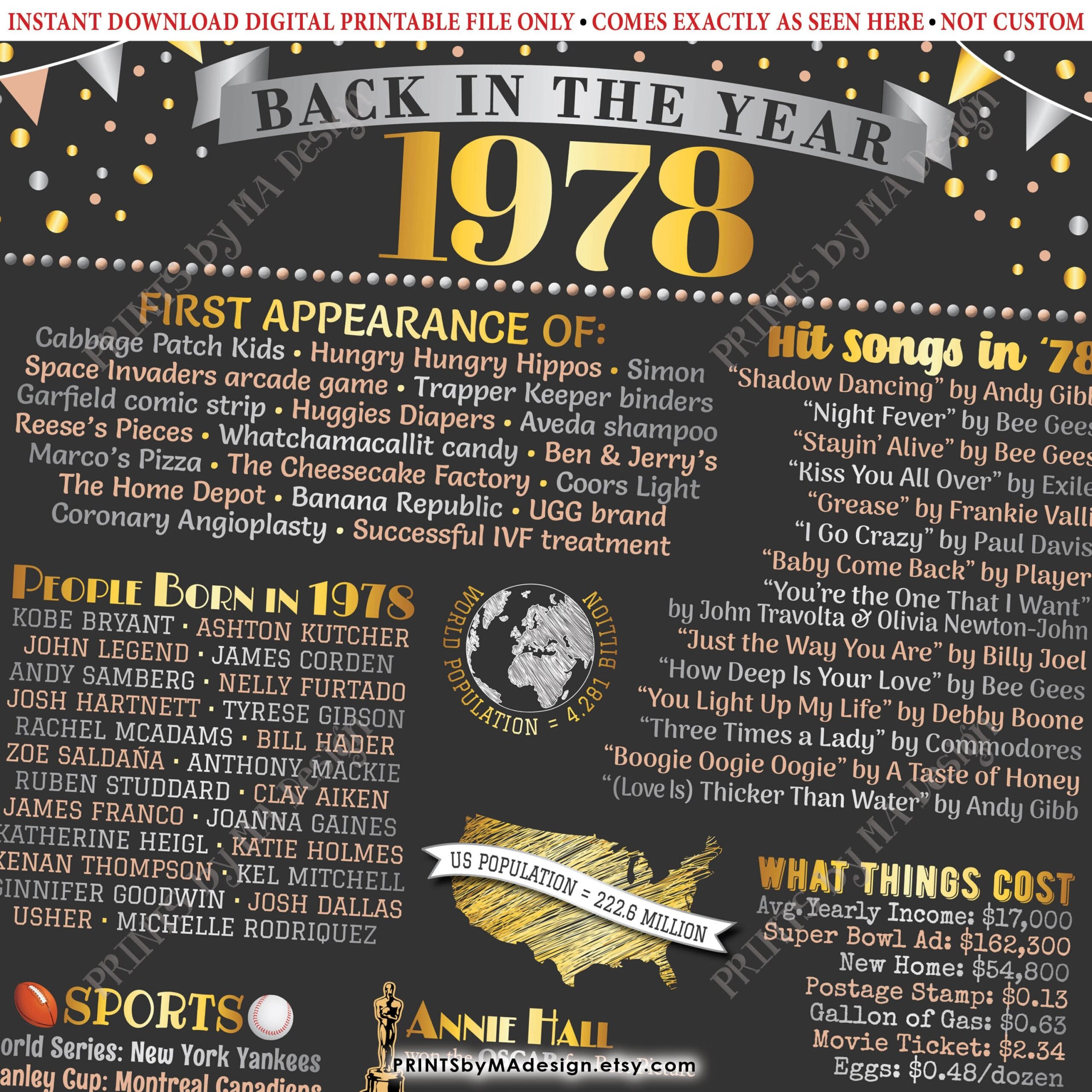 Back In The Year 1978 Poster Board Remember 1978 Sign Flashback To 1978 USA History From 1978 PRINTABLE 16x20 Sign