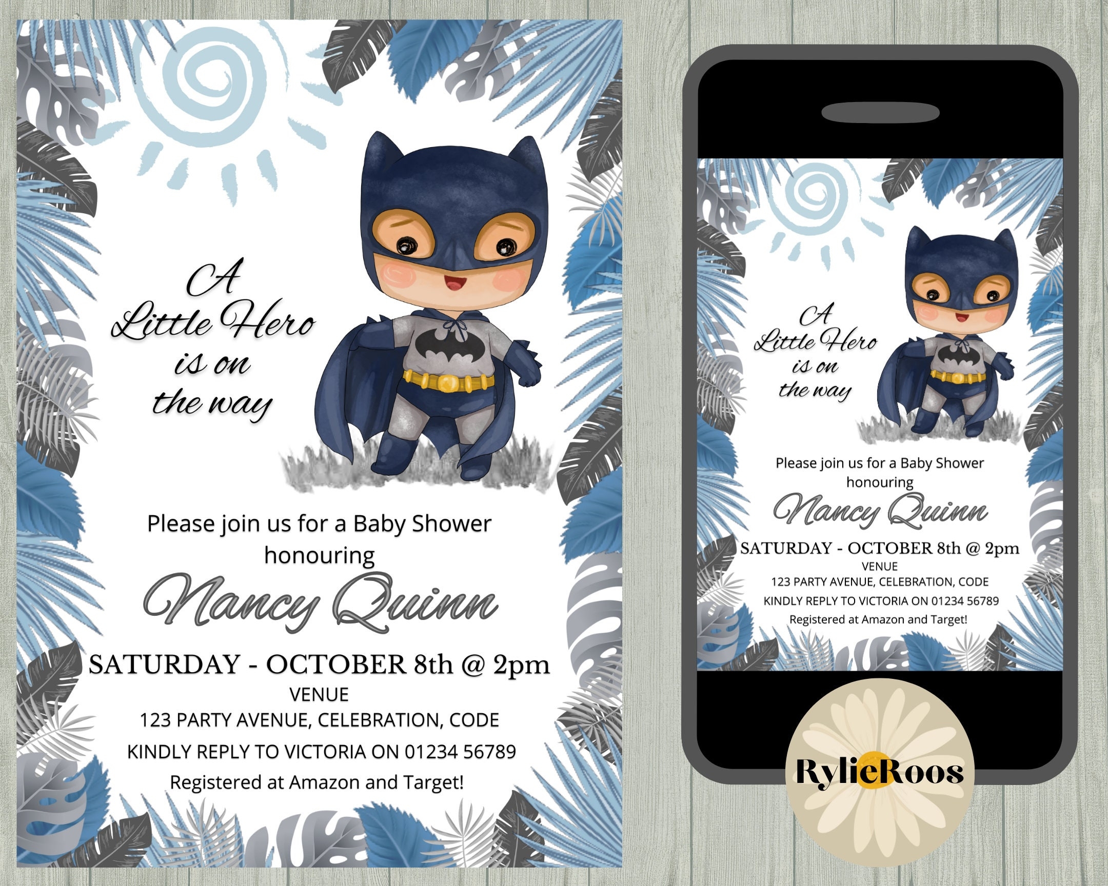 Bat Boy Baby Shower Invitation Superhero Baby Shower Invitation Blue Leaf Boys Baby Shower Invite Super Cute Baby Shower Decor Etsy