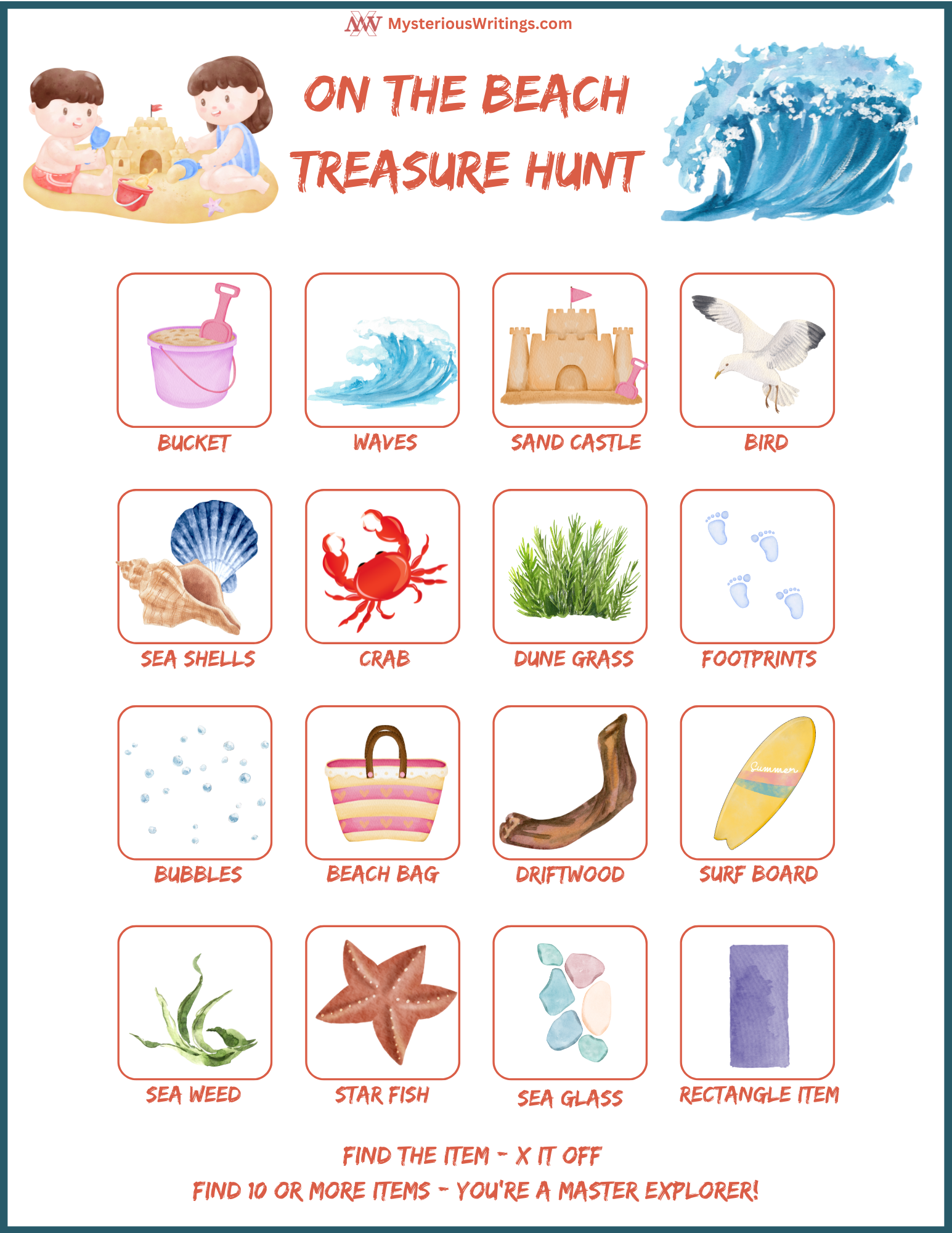 Beach Scavenger Hunt For Kids Free Printable Mysterious Writings