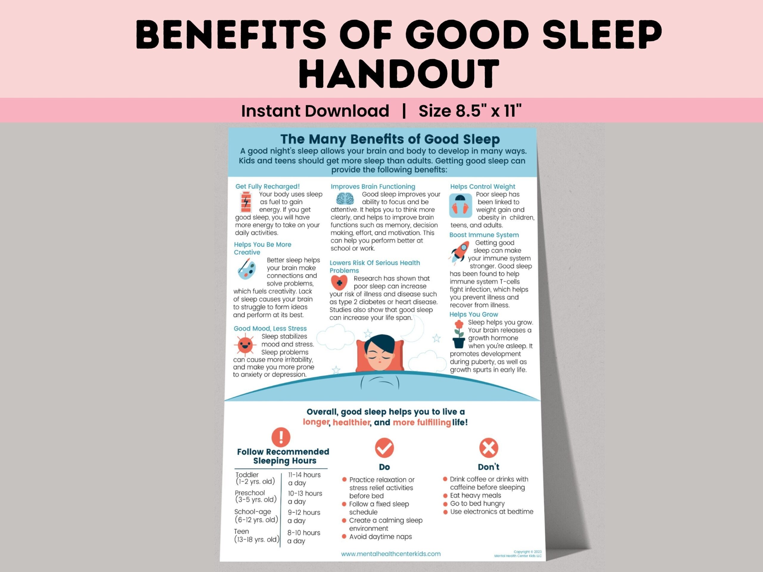 Benefits Of Good Sleep Hygiene Printable Counseling Handout Sleep Chart For Kids Teens Health Class Poster Therapy Worksheet Posters Gift Etsy