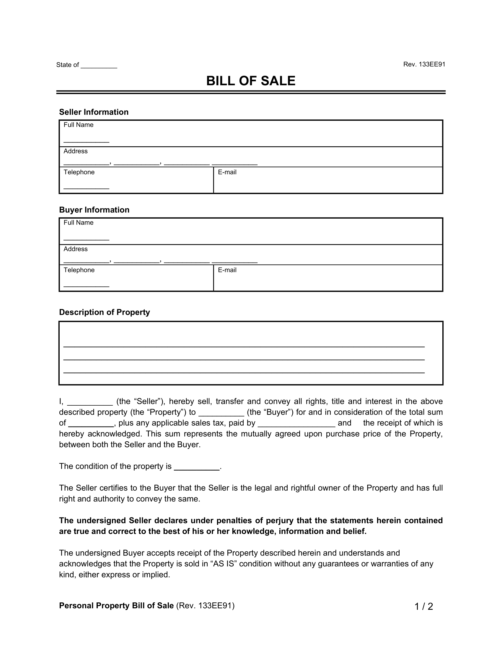 Free Printable Bill Of Sales Forms