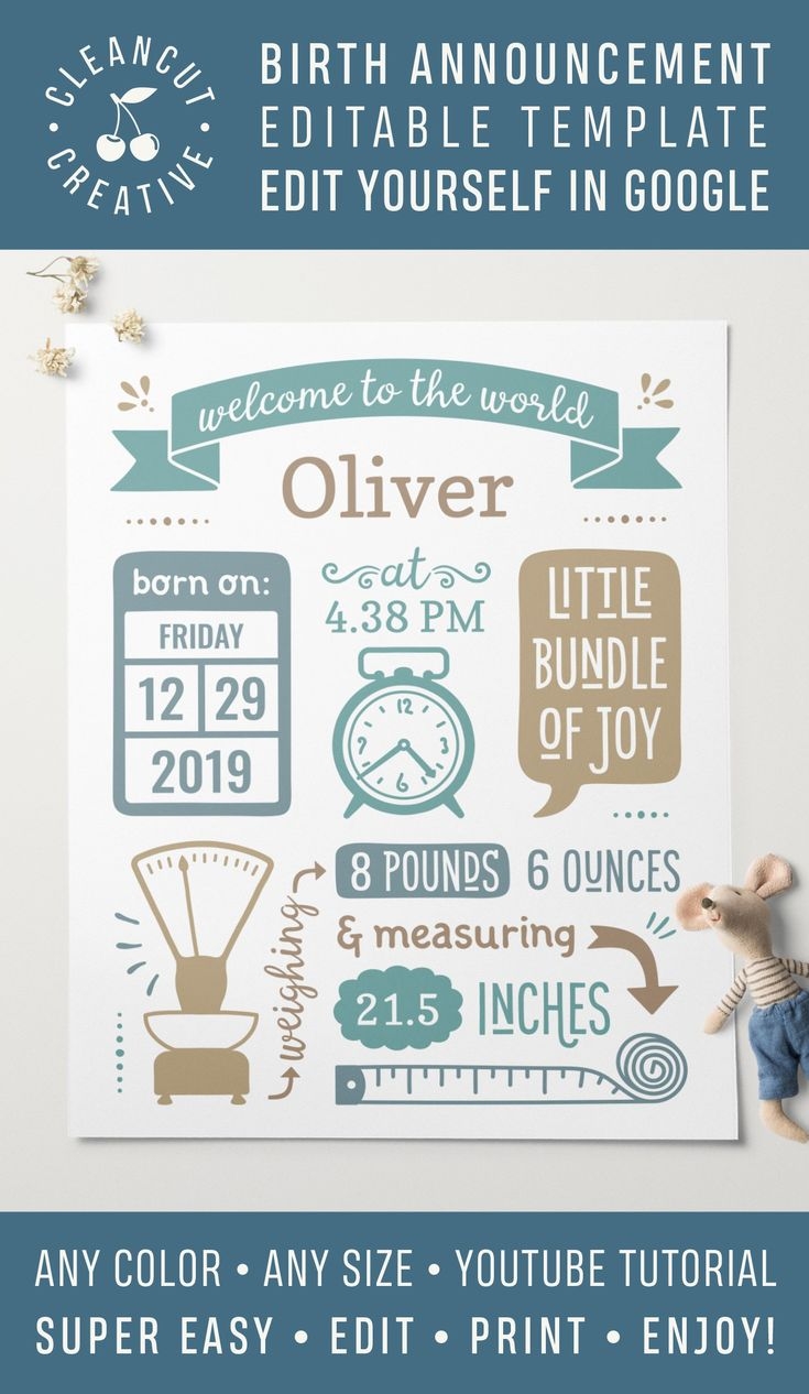 BIRTH ANNOUNCEMENT Template GOOGLE Edit Baby Stats 552517 