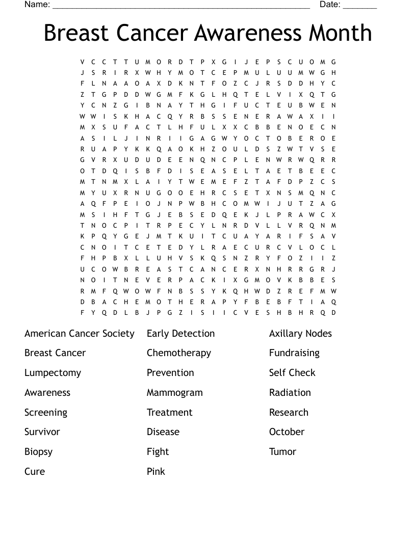 Breast Cancer Awareness Month Word Search WordMint